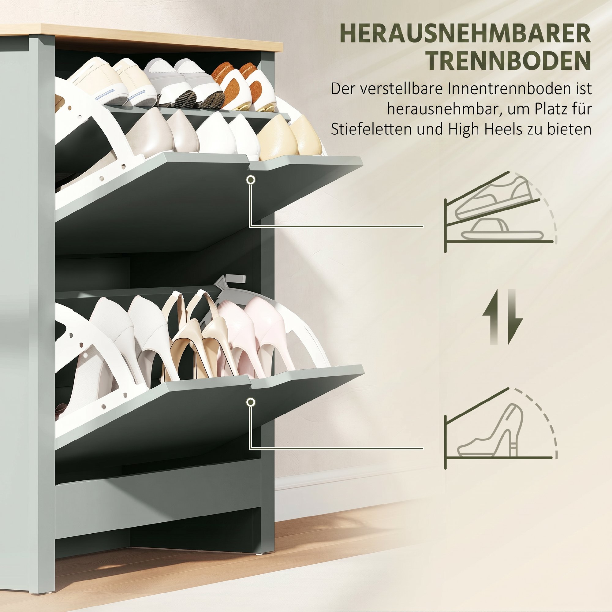 Schuhschrank mit 2 Klappfächern, verstellbar Trennwand für 8-12 Paar Schuhe, 72 x 26 x 80 cm, Hellgrau