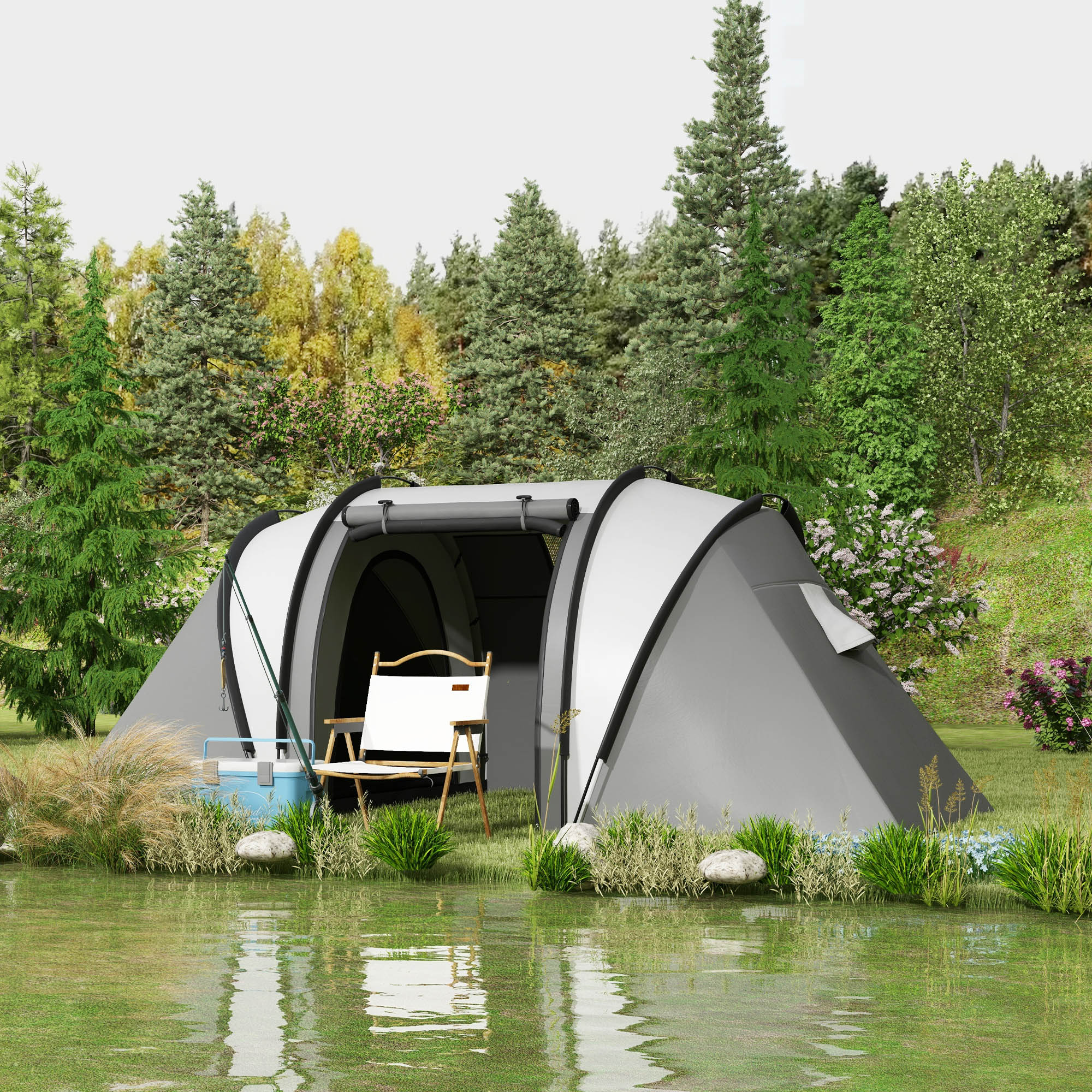 Campingzelt für 4-5 Personen leicht wasserabweisend Familienzelt mit 3 Zimmer Seitentür Fenster Grau