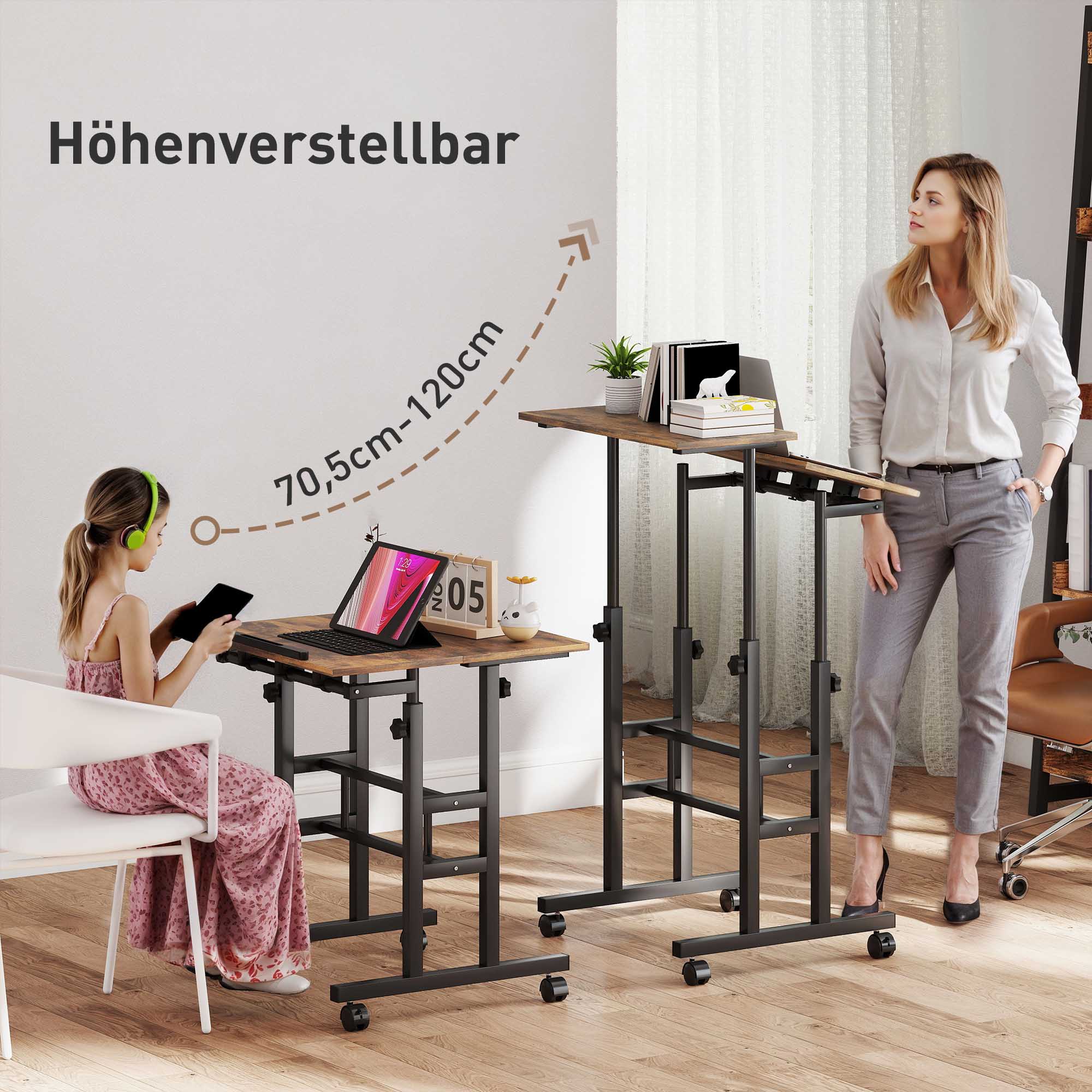 Schreibtisch, höhenverstellbar, Küchentisch mit Regal, Rollen, Computertisch Rustikal Braun 60 x 60 x 70,5-120 cm
