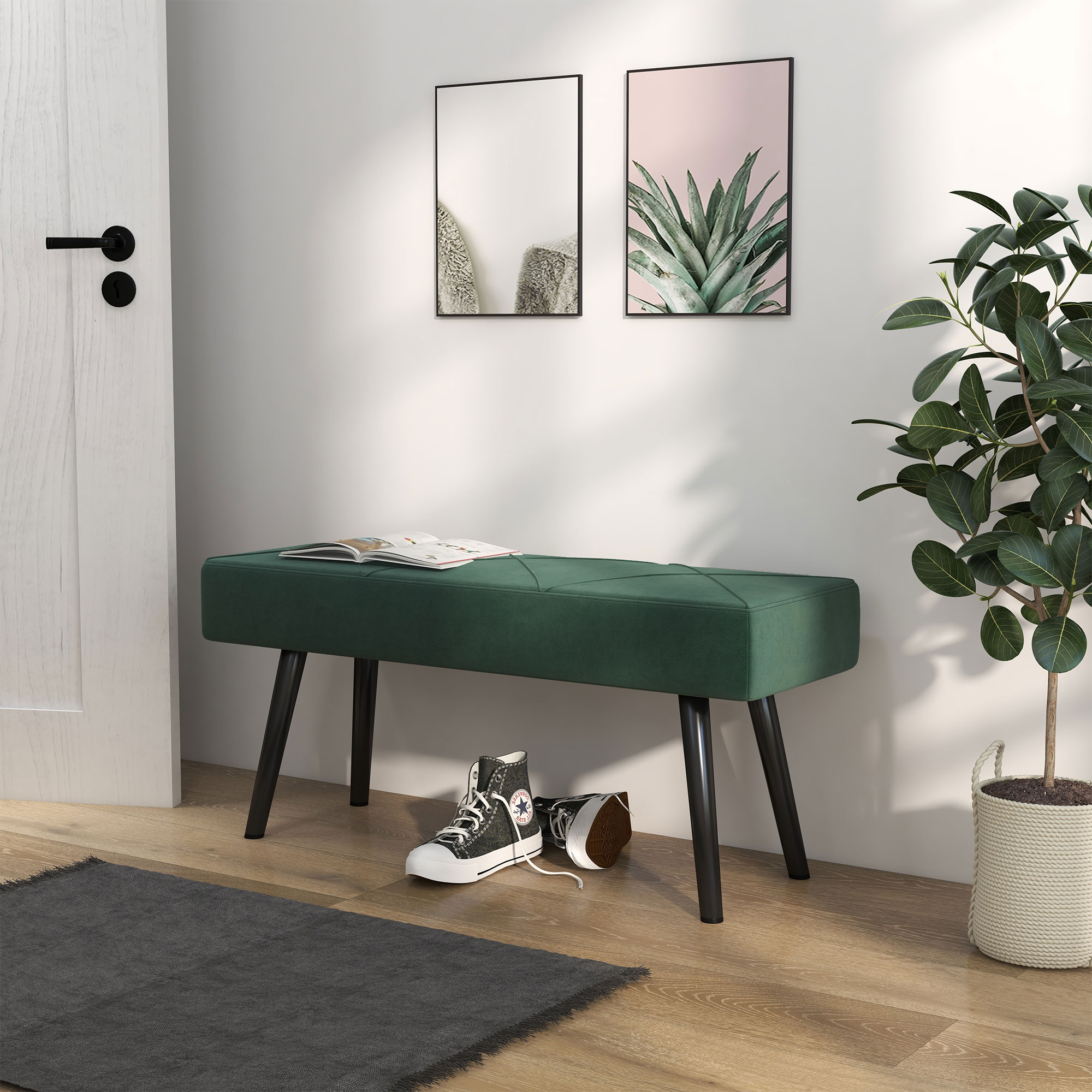 Sitzbank Polsterbank Bettbank, Samtoptik, 100 x 36 x 45 cm, Grün
