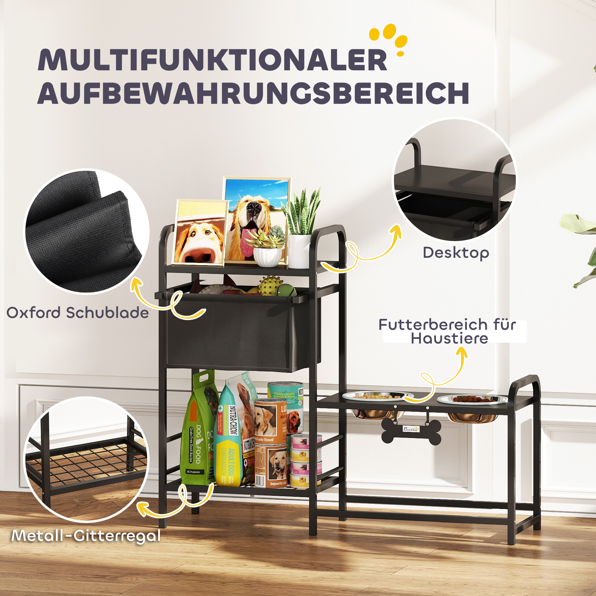 erhöhter Hundenapf Höhenverstellbar Futternapf mit Stauraum Wassernapf 2 x 800ml Edelstahlnäpfen 89,5x27x74 cm Schwarz