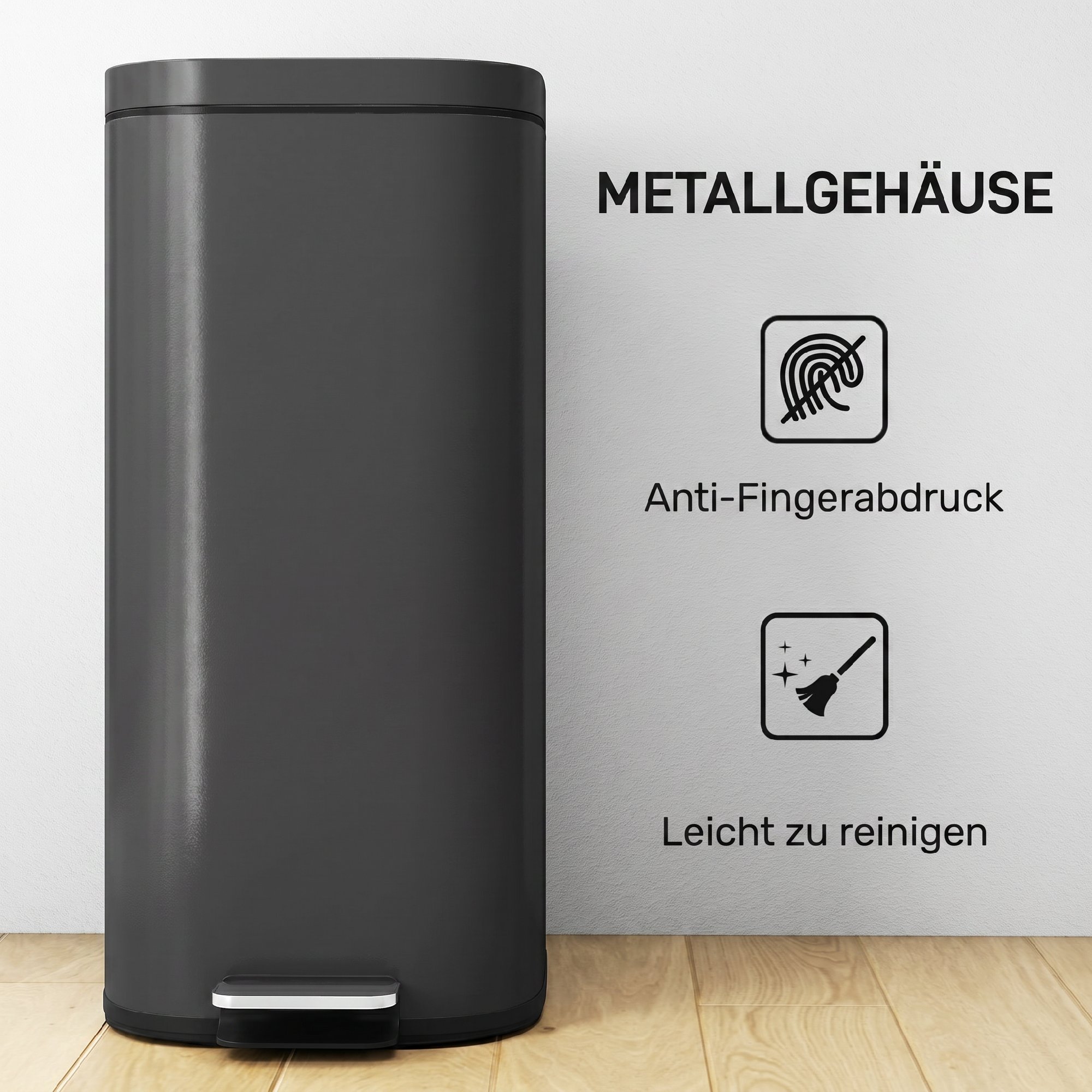 30L Küchenmülleimer Pedaleimer mit Deckel, Soft-Close- und Offenhalte-Funktion für Küche, Zuhause