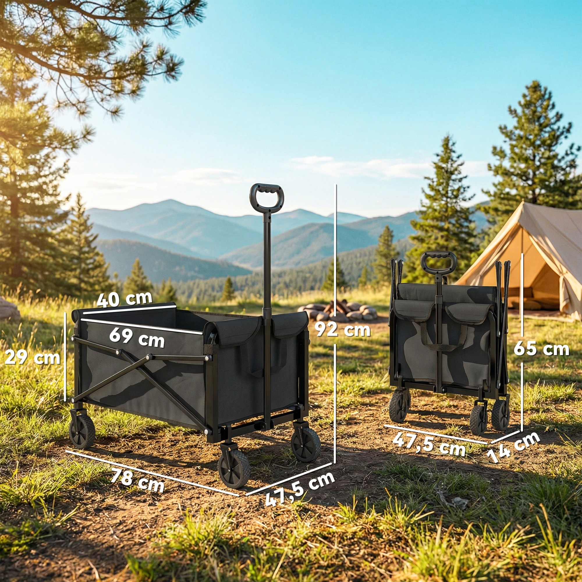 80L Festivalwagen auf Rädern, kompakter faltbarer Gartenwagen mit verstellbarem Griff, Schwarz