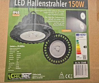 LED-Hallenstrahler PRO 150Watt, 110°, 20000 Lumen, 4000K, 230V / 50Hz, IP65