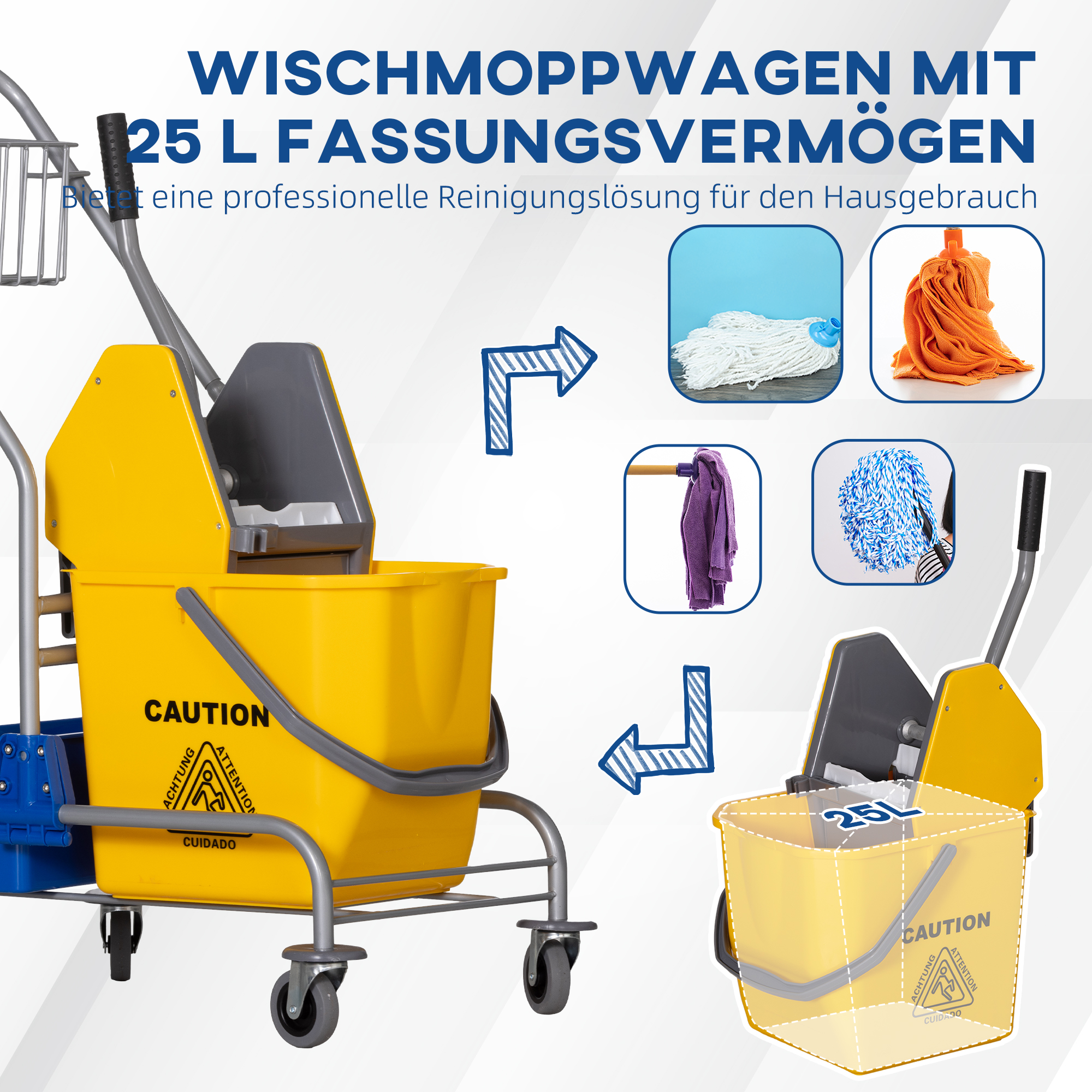 Reinigungswagen, Moppwagen, 25 L Fassungsvermögen, 4 Räder, Kunststoff, Gelb