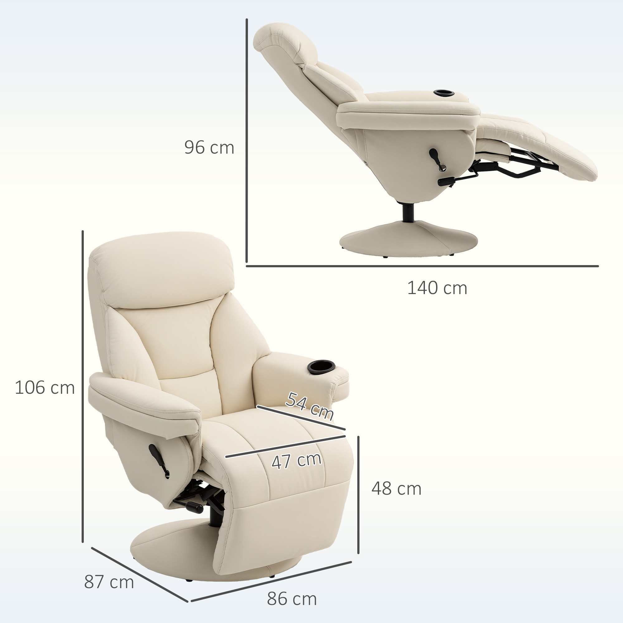Relaxsessel mit Liegefunktion Fernsehsessel mit Seitentasche, Becherhalter für Wohnzimmer Schlafzimmer Creme