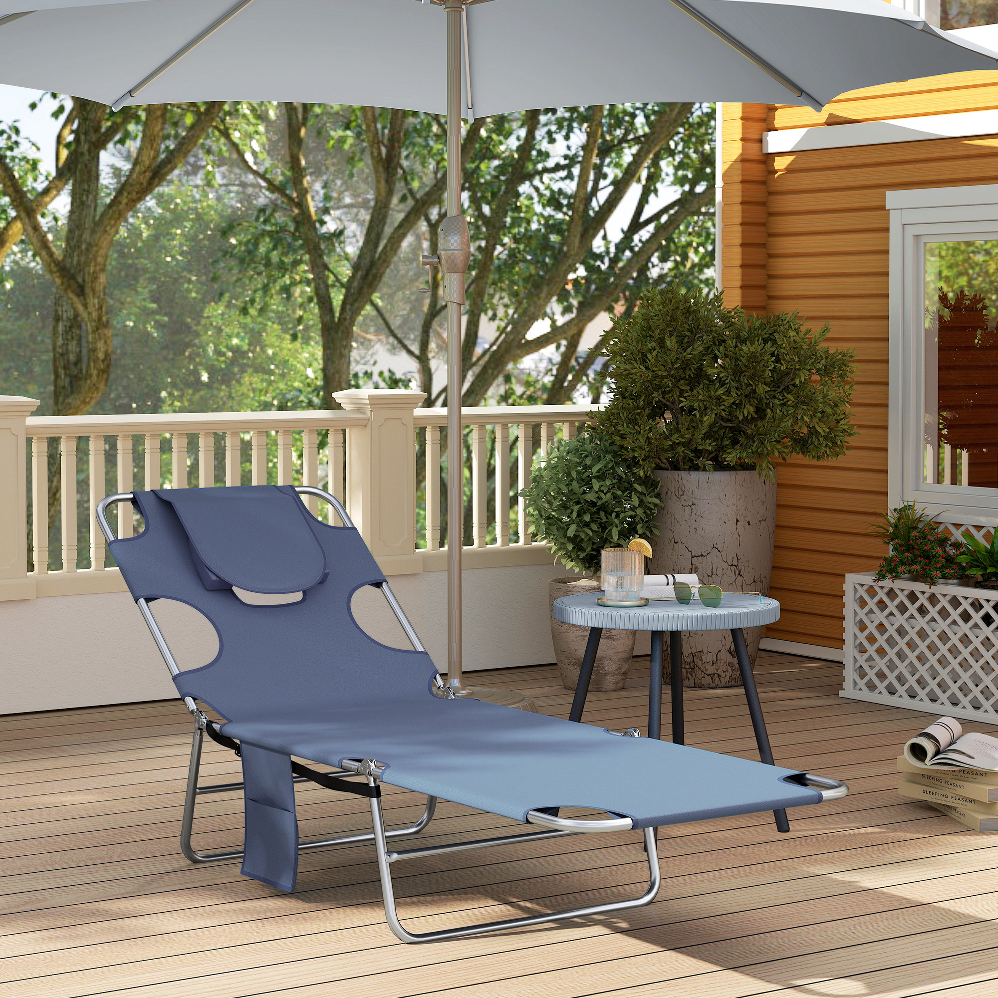 Gartenliege, Liegestuhl mit gepolsterter Gesichtsöffnung, Massage-Liege für draußen, Seitentasche, Stoff, Metall, Grau