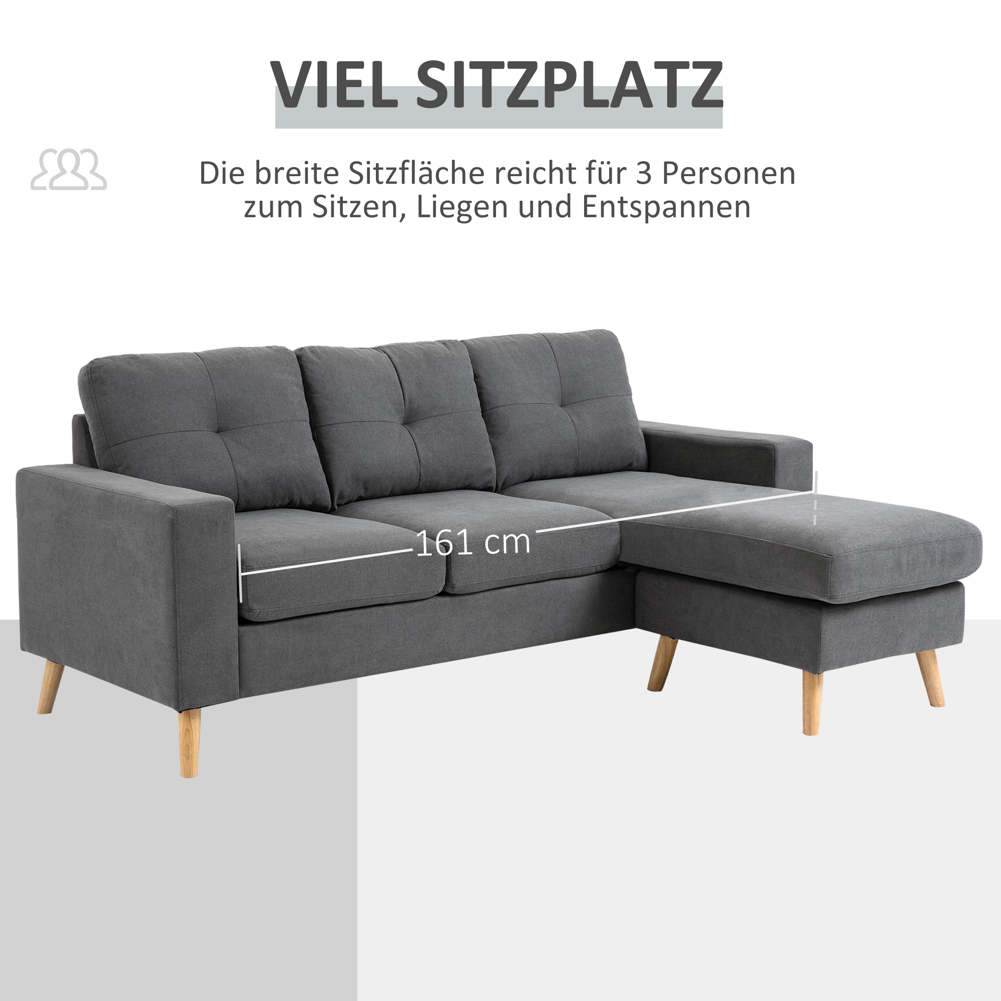 Ecksofa im Skandidesign, mit Knopfheftung, Massivholz, Leinenoptik, Grau