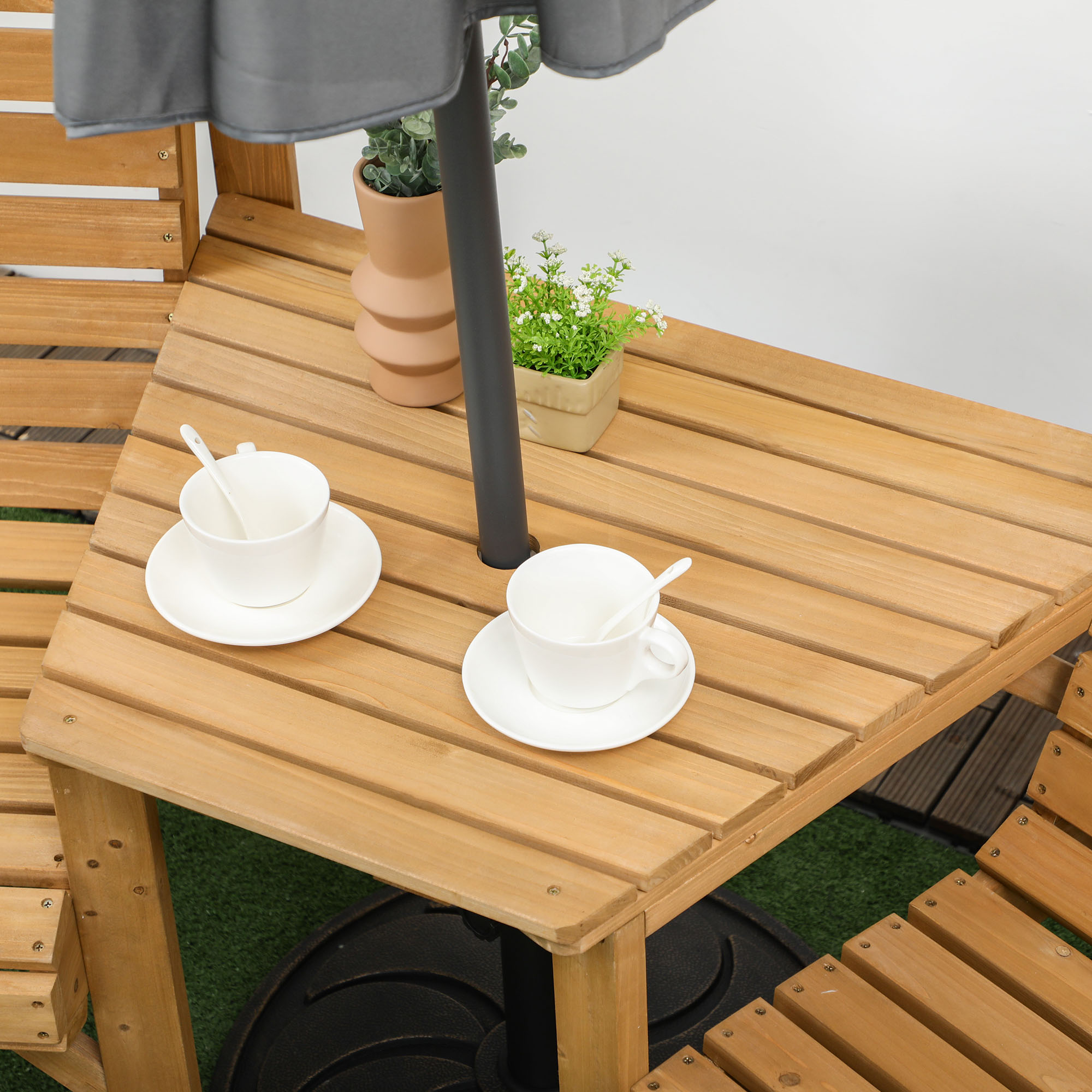Bistro-Set 3-teilig aus Holz Wetterfest Gartenmöbel Set mit Lamellendesign Sonnenschirmloch Braun