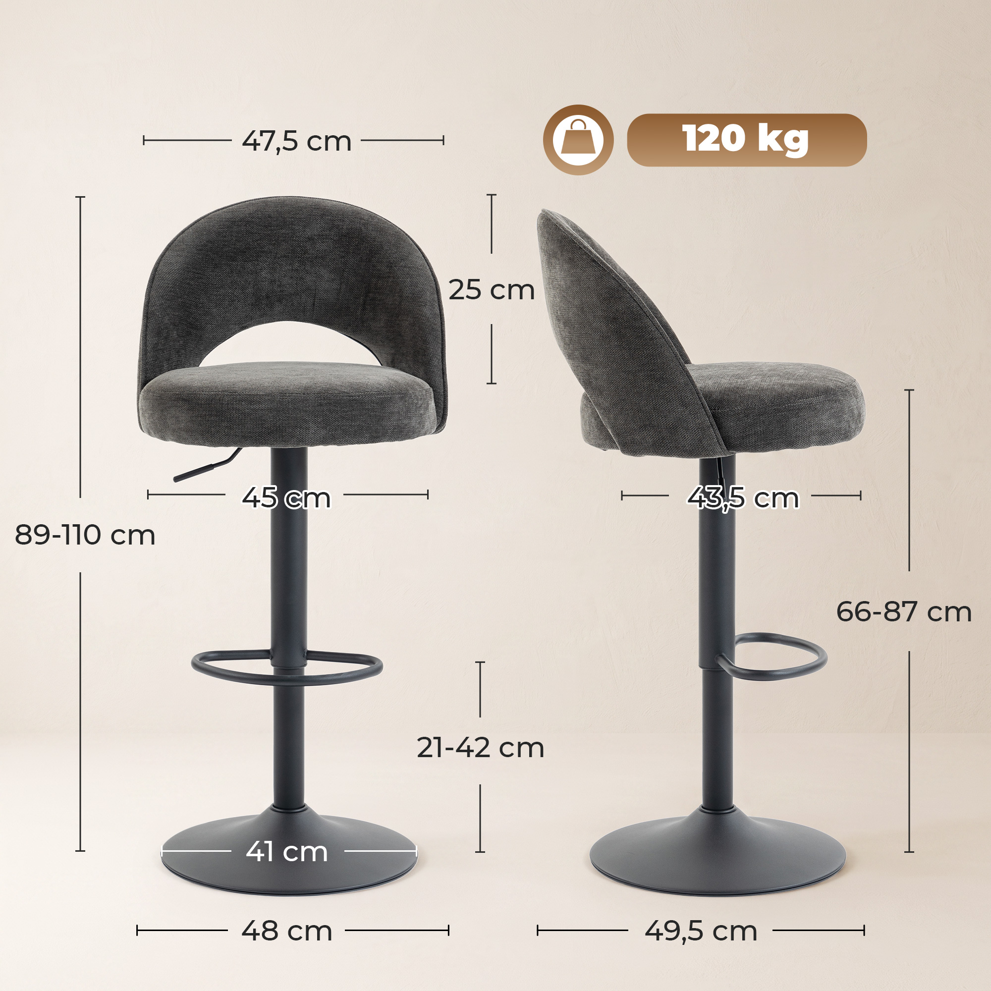 Barhocker 2er-Set, höhenverstellbar und drehbar, für Theke, Dunkelgrau