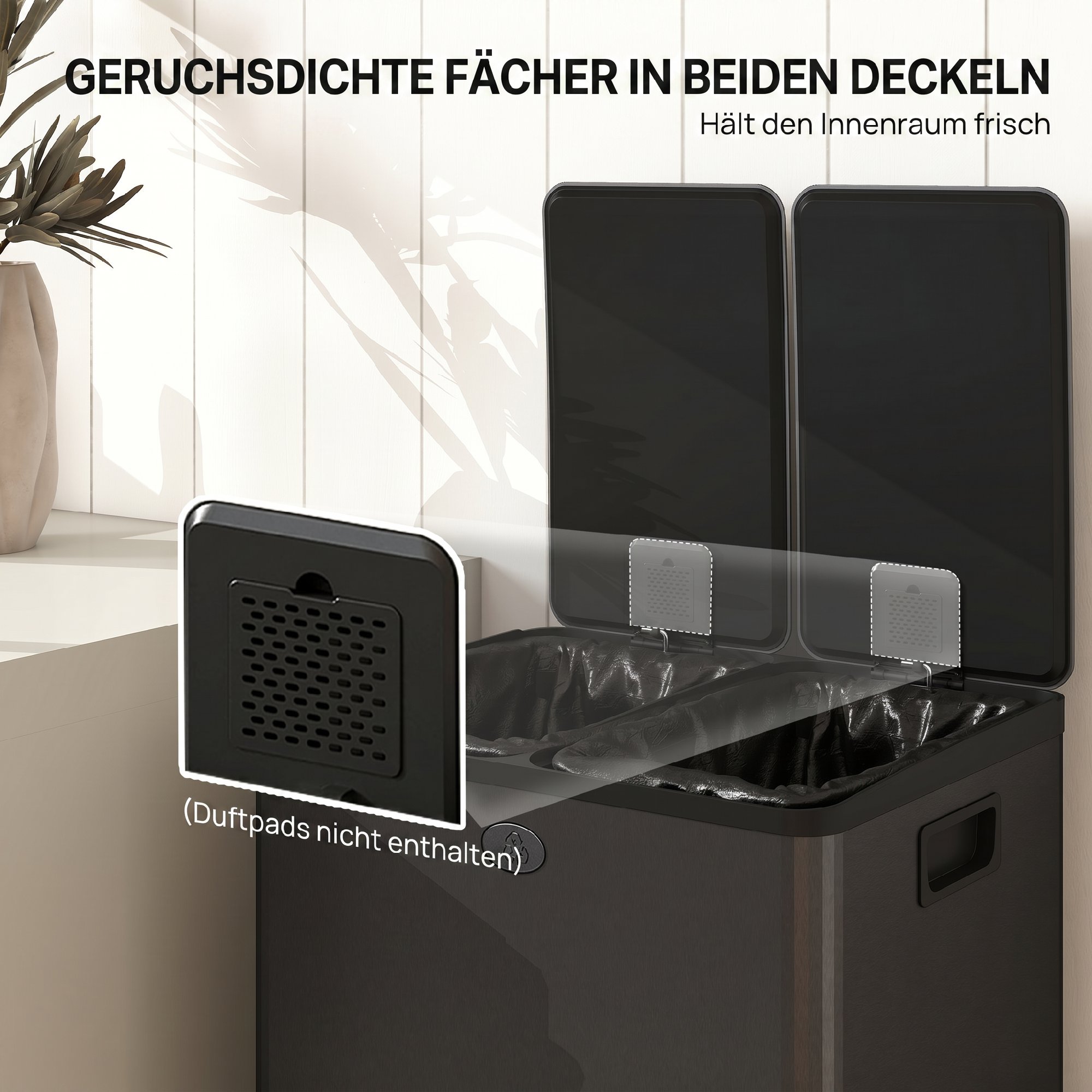 2 x 28 L Doppelmülleimer, Pedalöffnung, leicht zu reinigen, Edelstahl, Kunststoff, Schwarz
