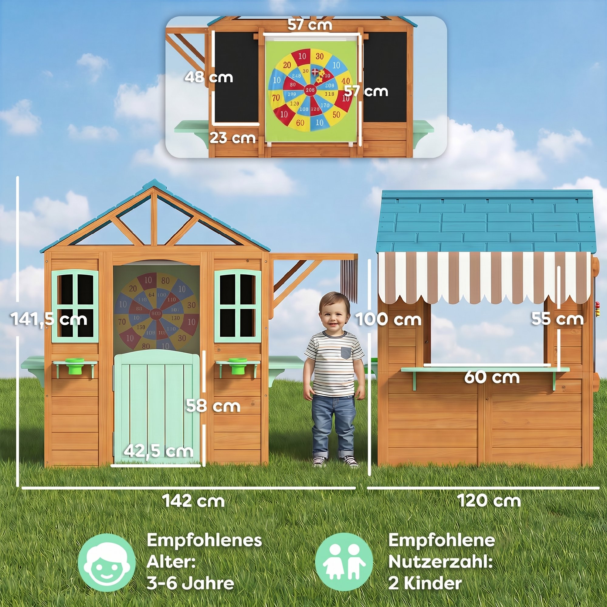 Outdoor Kinderspielhaus mit Verkaufstheke Pflanzenkasten Kreidetafel Zieltuch 4 Ball 142 x 120 x 141,5 cm Mehrfarbig