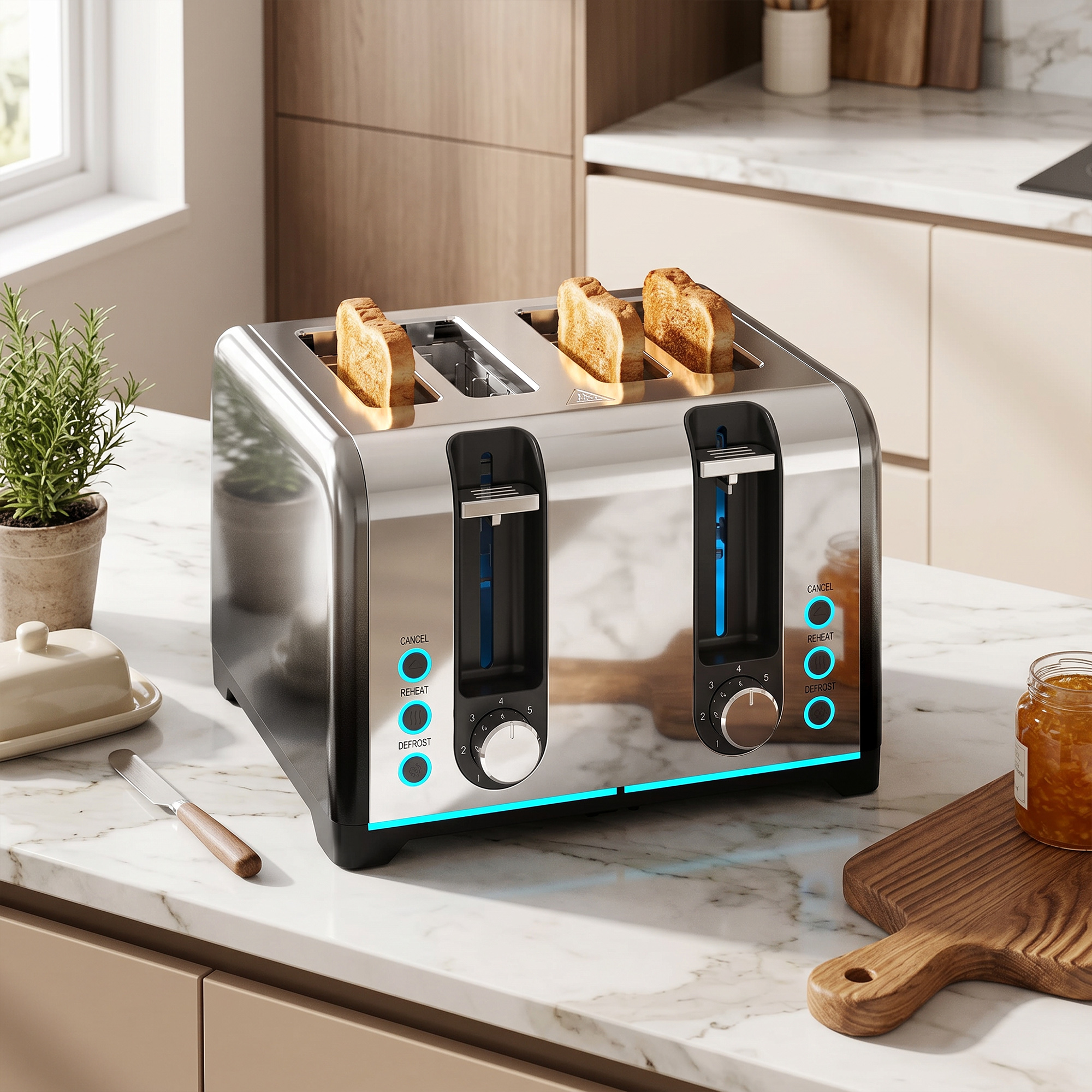 4-Scheiben-Toaster mit 7 Bräunungsstufen, Aufwärm-, Auftau- und Abbruchfunktion