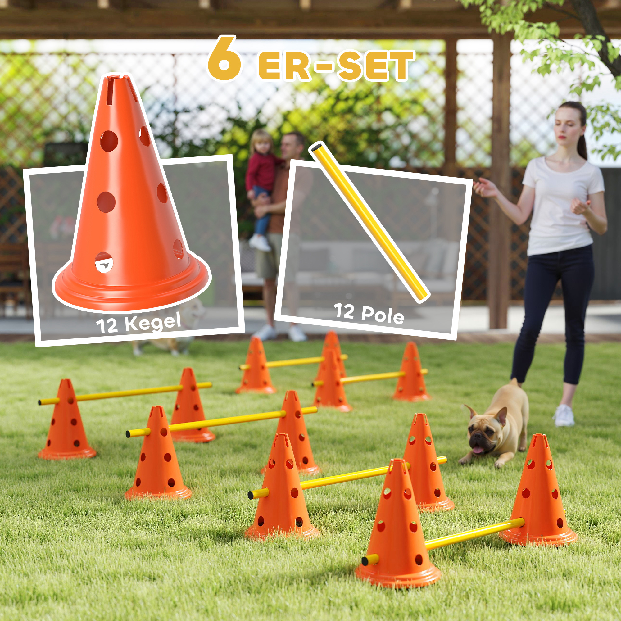 Agility Set Hunde 6-teiliges Agility-Ausrüstung für Hundetraining Steckhürdenset mit 12 Kegel 6 Hürden Tragetasche