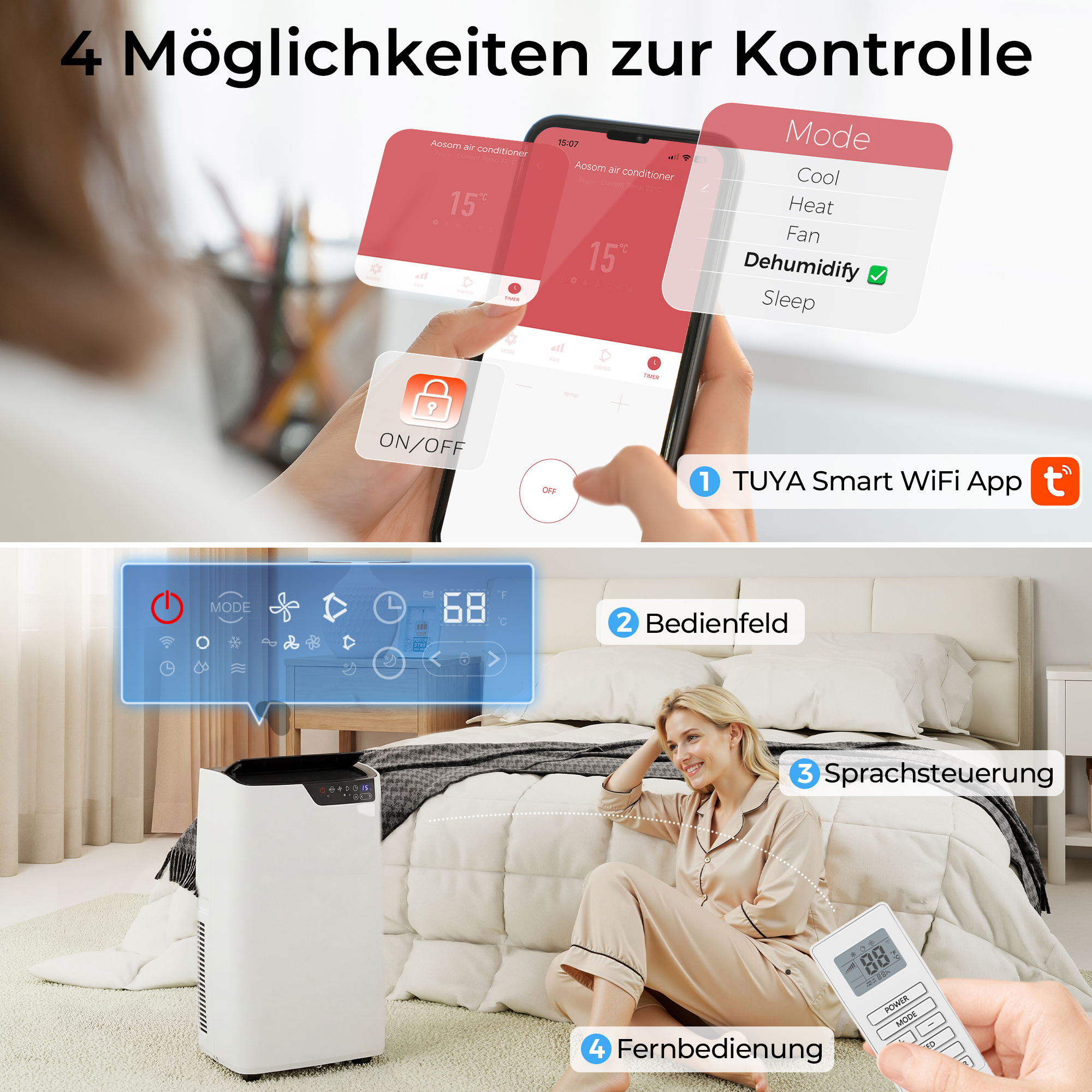 Tragbare Klimaanlage 12000 BTU, Klimagerät mit Kühl-, Entfeuchtungs-, Ventilator- , Schlafmodus, WiFi Sprachsteuerung