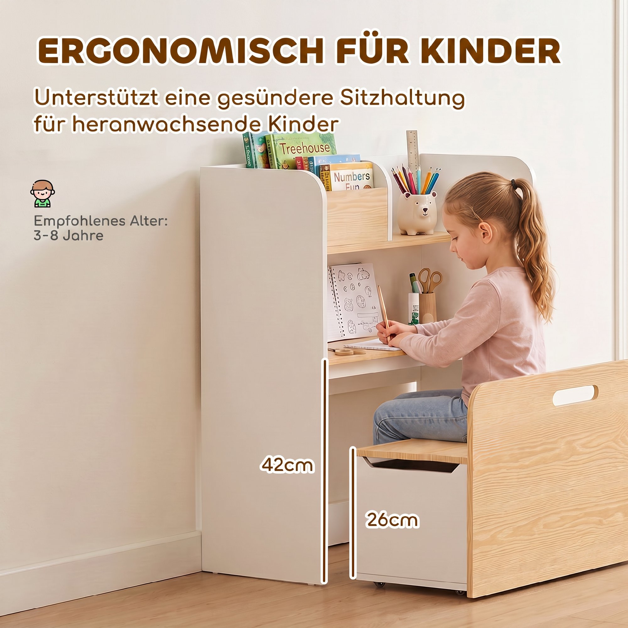 Kindertisch mit Sitzbank 5-in-1 Kindersitzgruppe mit Bücherregal, rollbar Kindertruhenbank mit Aufbewahrungsbox für 3-8