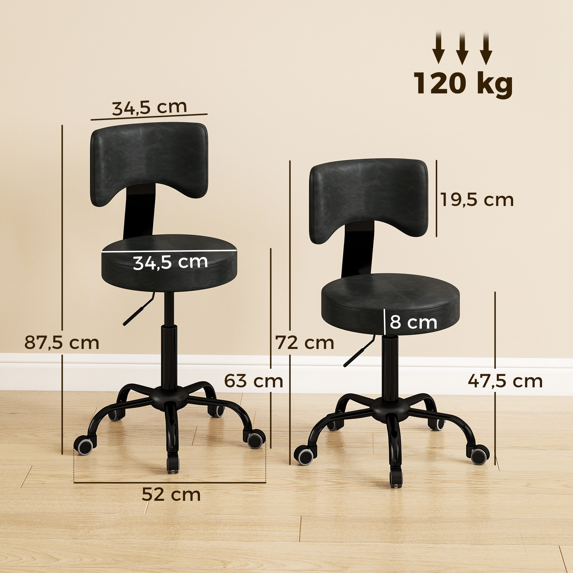 Rollenhocker, höhenverstellbar 72-87,5 cm, Massagethocker mit gepolsterter Sitzfläche und Rückenlehne, 360° drehbar, Schwarz