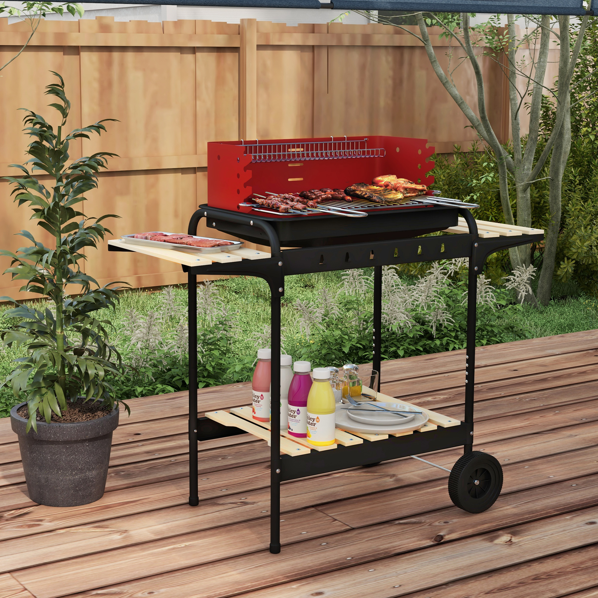 Holzkohlegrill aus Metall BBQ Smoker mit Räder, höheverstellbar Grillrost, Holzablage 103x47x95 cm Rot