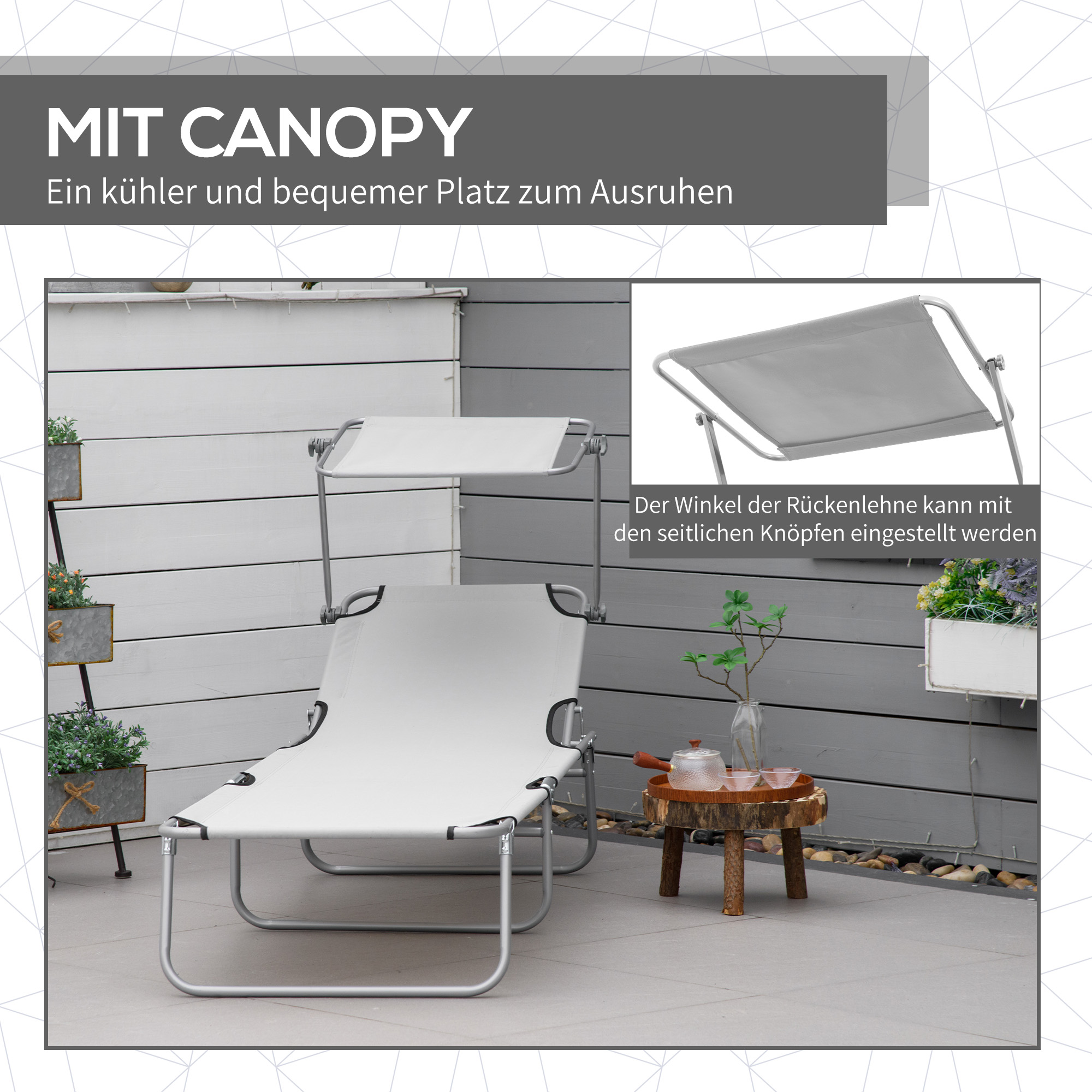 Sonnenliege, Gartenliege, Wellnessliege, Strandliege, klappbar, mit Sonnenschutz, 187 x 58 x 36 cm, Grau