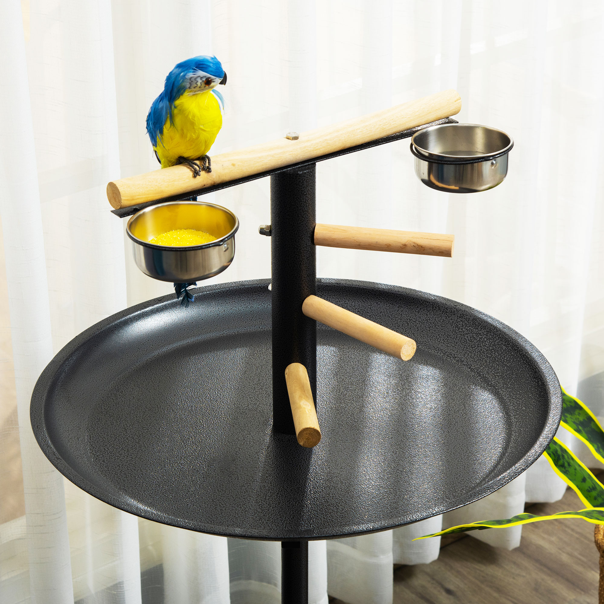 Vogelspielständer, tragbare Papageien-Sitzstange mit vier Rädern, Edelstahlschalen rundem Tablett