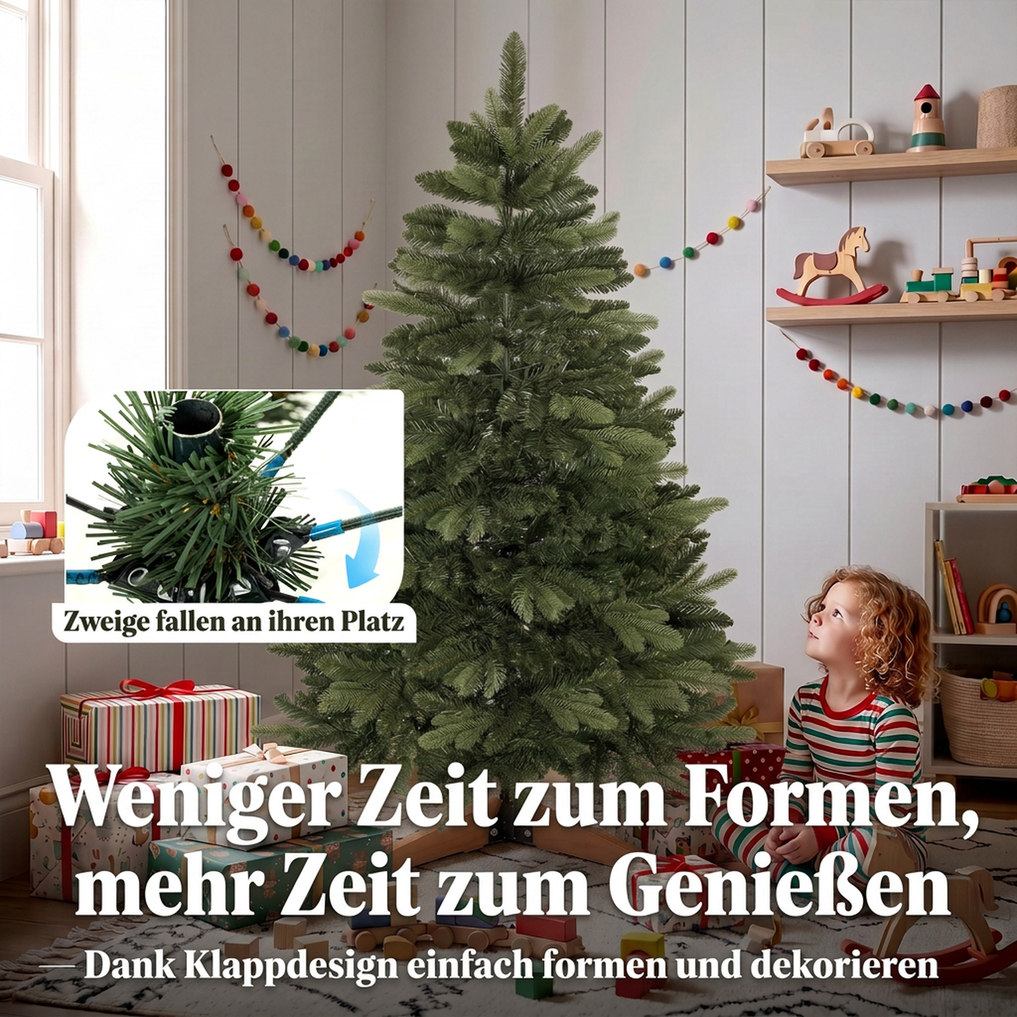 künstlicher Weihnachtsbaum 150 cm, Edeltanne, voll mit Klappästen, 525 Spitzen, faltbarer Holzständer, Grün