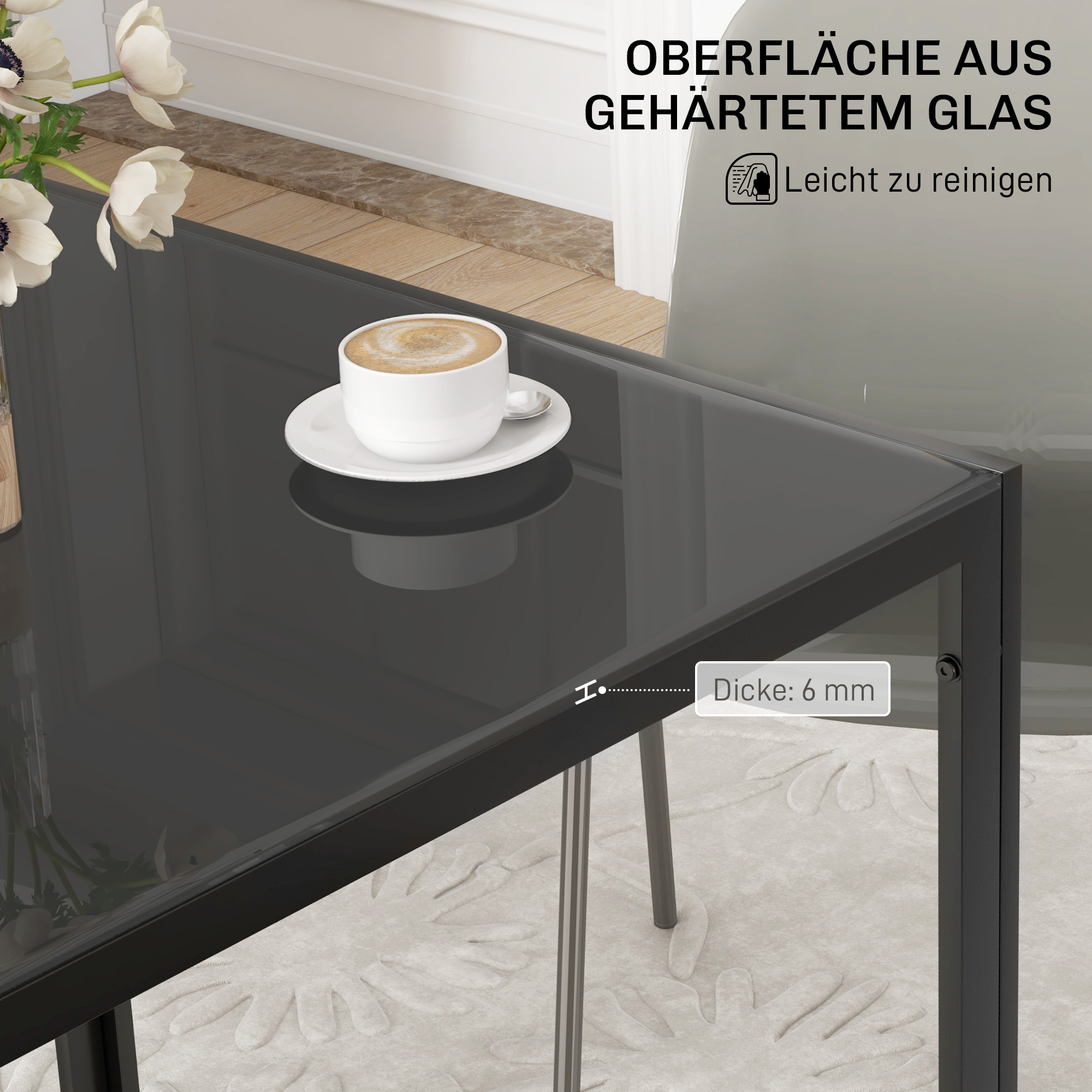 Quadratischer Esstisch für 4 Personen, Tischplatte aus Hartglas, für Küche und Esszimmer, 75 x 75 x 75 cm, Schwarz