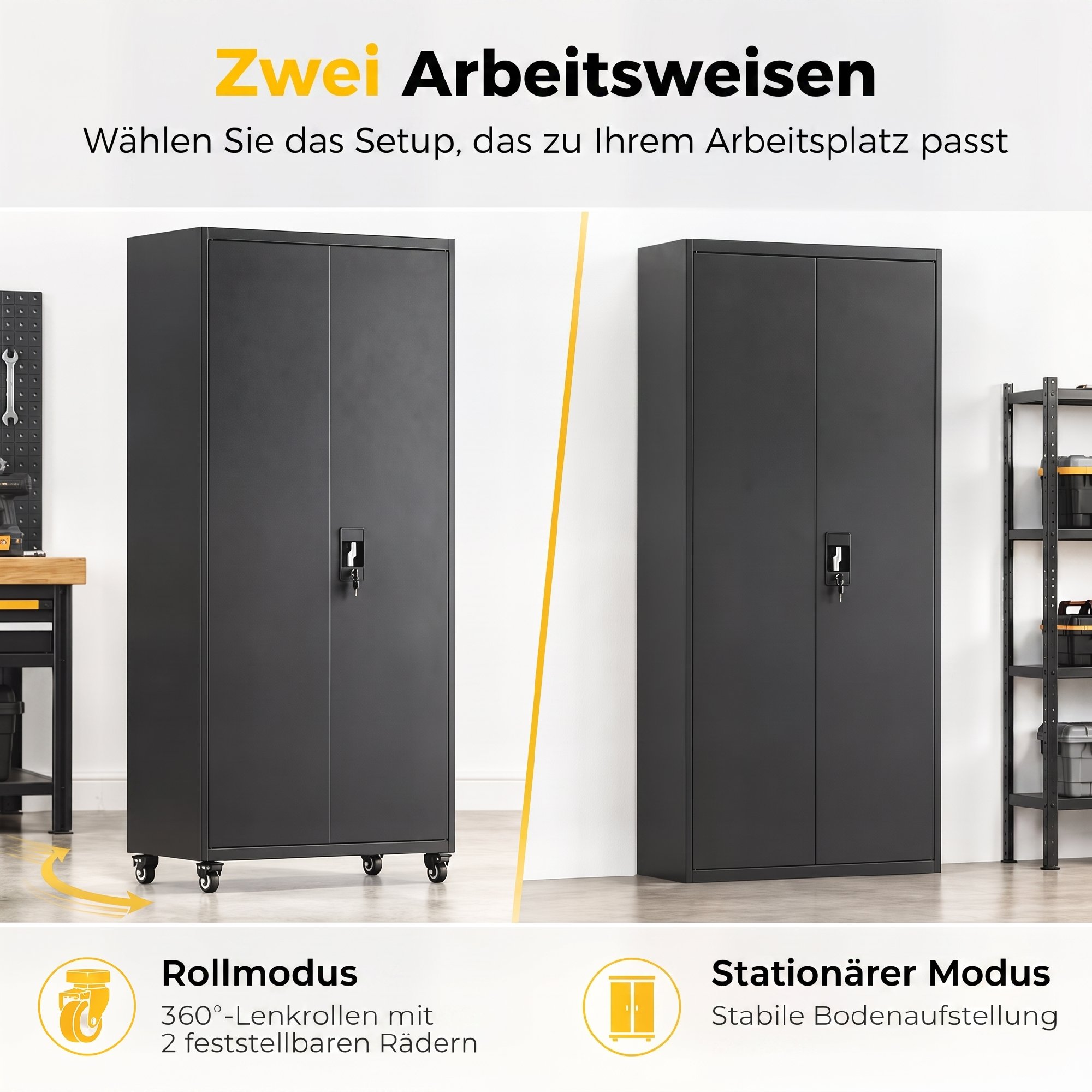 Aktenschrank, Abschließbar Metallschrank mit Rollen, 5 Verstellbaren Ablagen, aus Stahl, 80 x 40 x 180 cm Schwarz