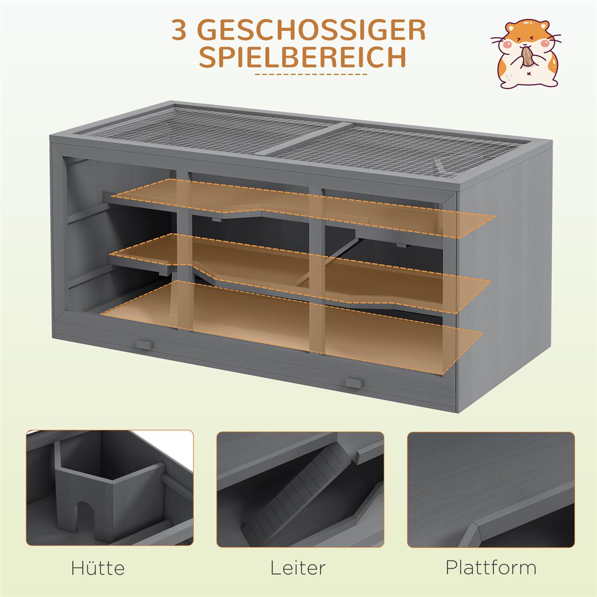 Zwerghamsterkäfig, Nagerkäfig, Kleintierbox, abschließbar, Holz, pflegeleicht, Grau