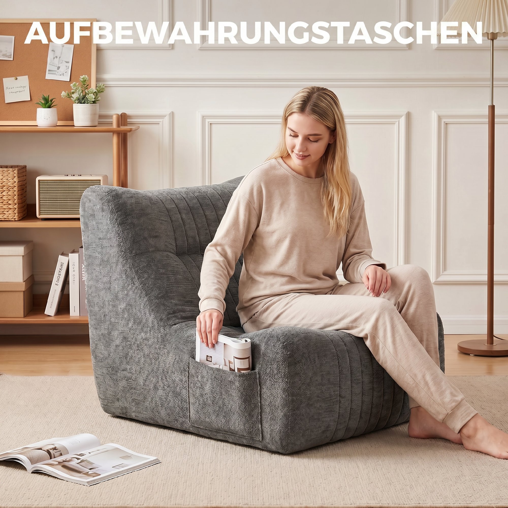Bodensessel mit Rückenlehne, rahmenloser Gaming-Sessel für Erwachsene mit Seitentaschen, für Wohnzimmer und Schlafzimmer