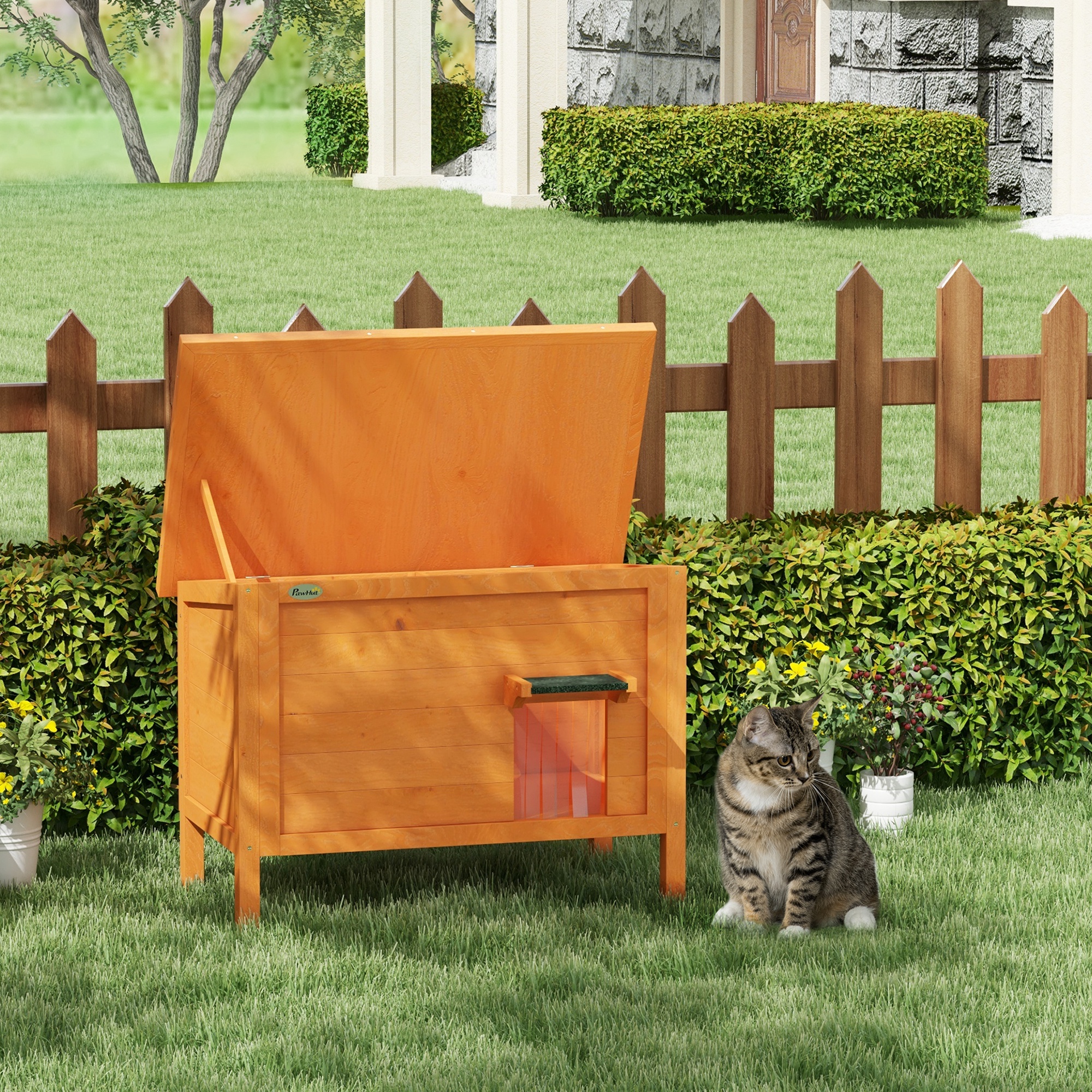 Katzenhaus Outdoor-Katzenhaus Katzenhütte, wetterbeständig, 1 Fenster, 1 Eingang, 85 x 50 x 68,5 cm, Orange+Grün