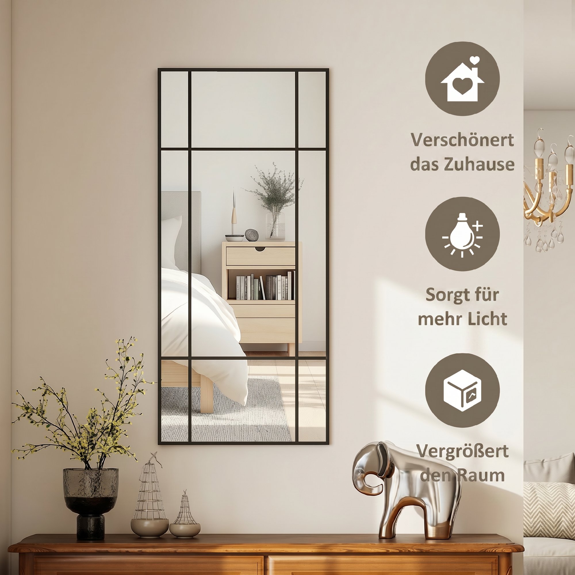 Wandspiegel, dekorativer Spiegel mit Metallrahmen, schwarze Streifen, Mehrschichtglas, 50B x 2T x 110H cm