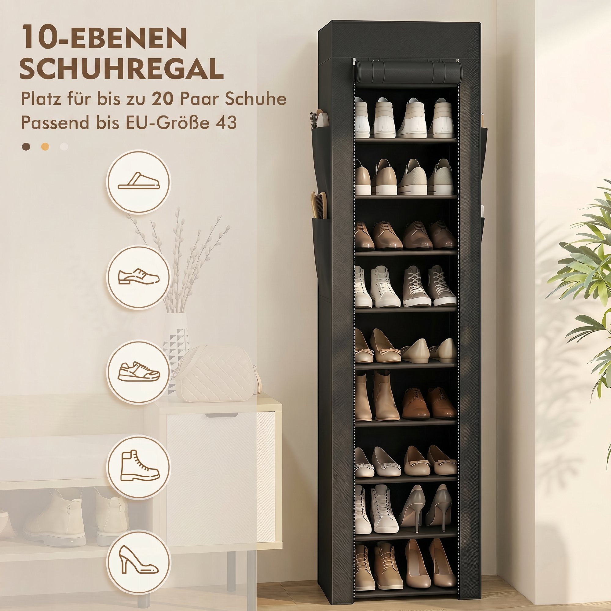 Schuhregal aus Metall mit staubdichtem Stoffbezug, für bis zu 20 Paar Schuhe, 45 x 30 x 175 cm, Schwarz