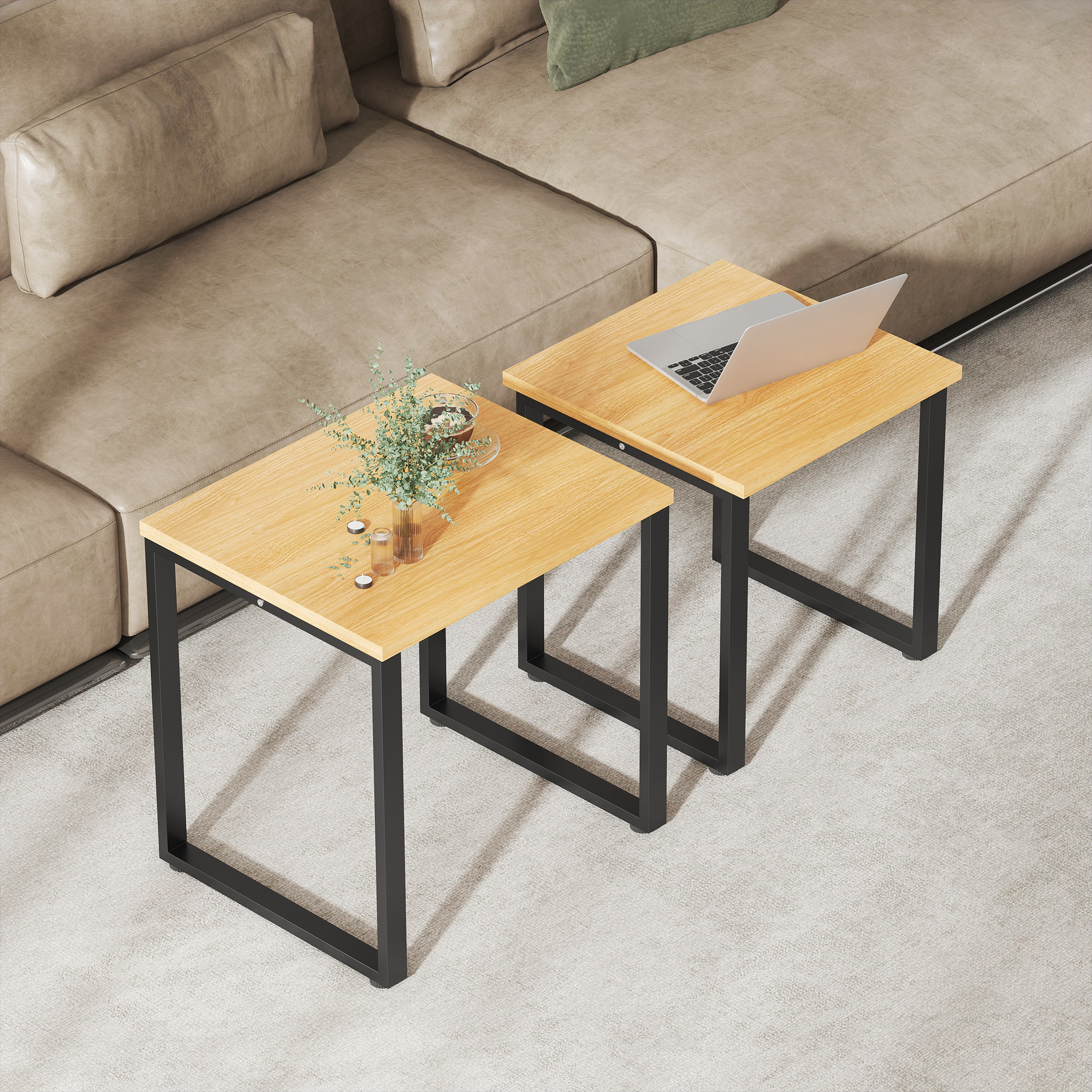 Couchtisch 2er Set Wohnzimmertisch mit Metallrahmen für Wohnzimmer Natur