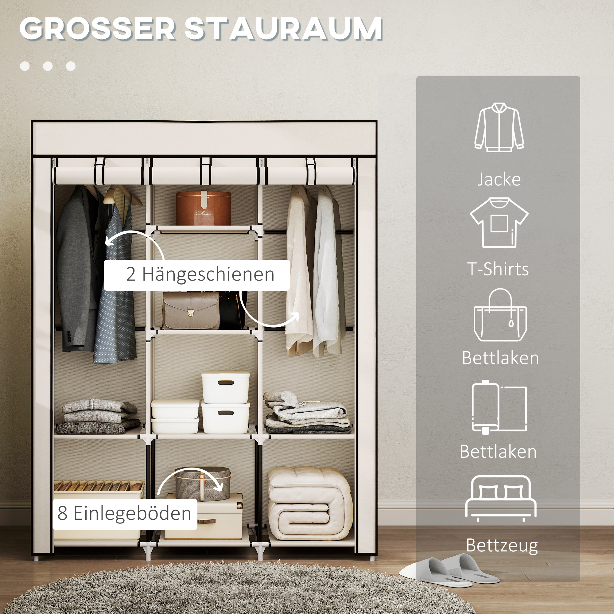 Schrank aus Stoff, Aufbewahrungslösung, 8 Regale, 2 Kleiderstangen, Cremeweiß