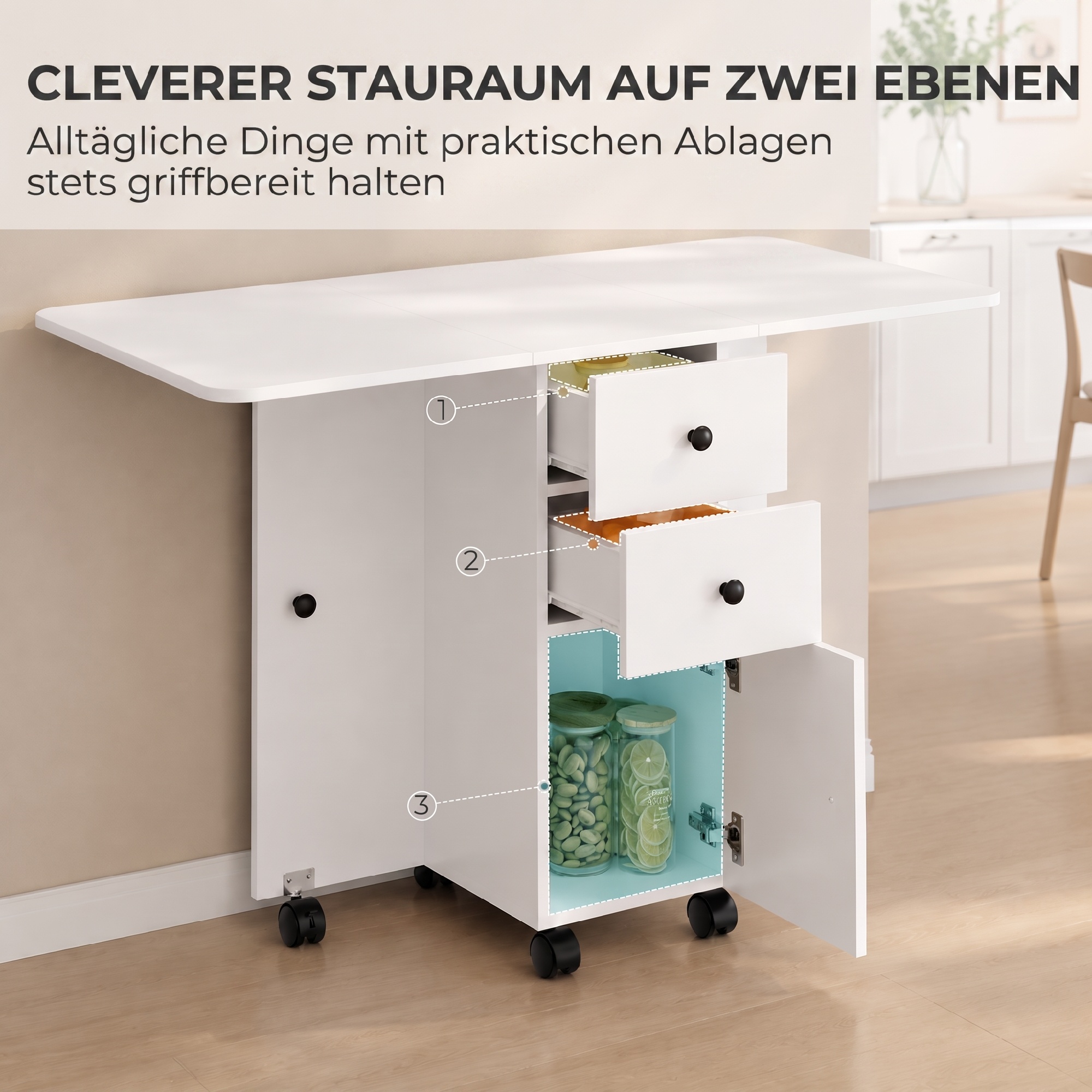 Klappbarer Esstisch, rollbarer Küchentisch mit Schubladen und Schrank, Weiß