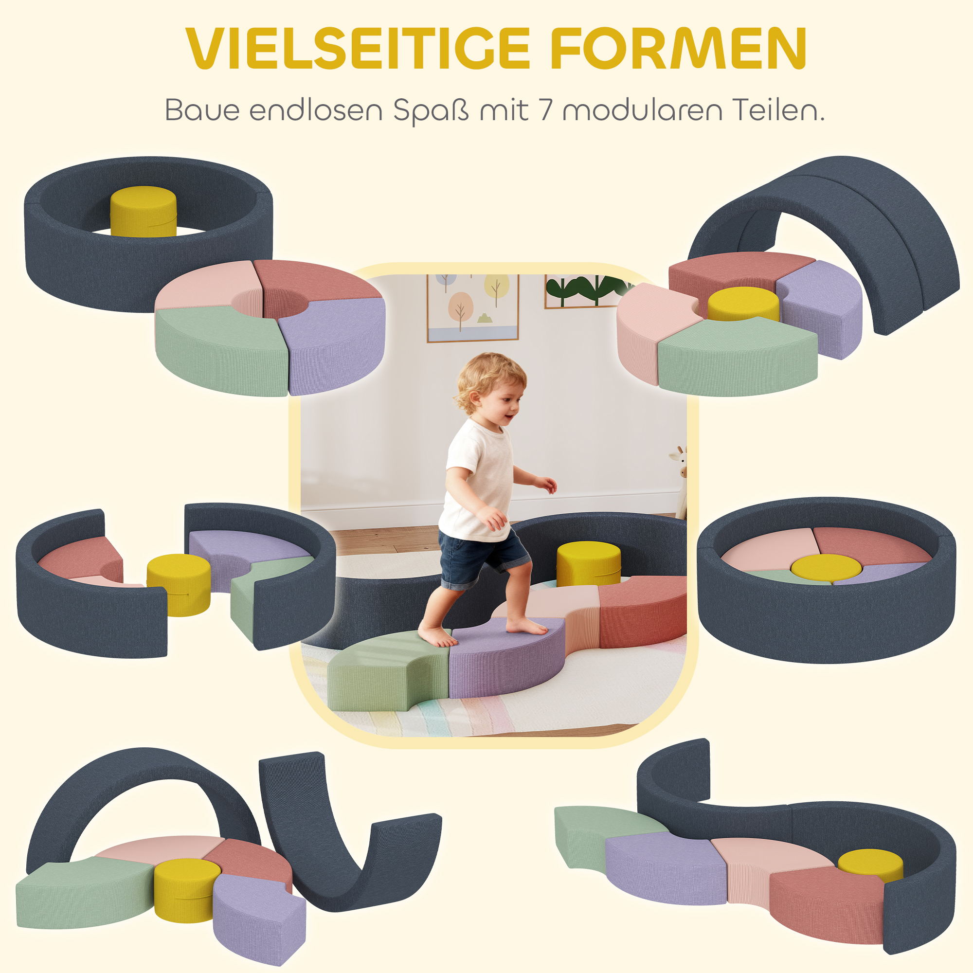 7-teiliges Weichbauklötze-Set für Kleinkinder, Schaumstoff, waschbarer Cordbezug, verschiedene Formen, Bunt