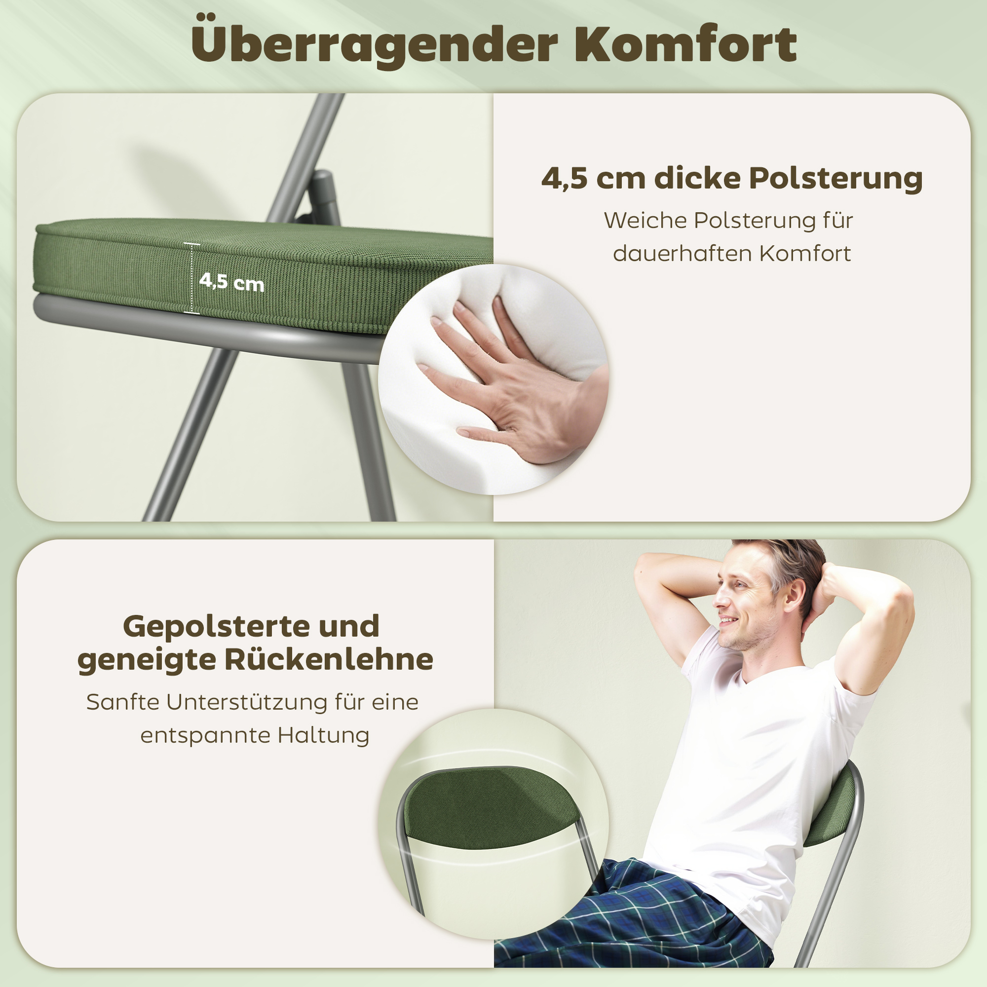 4er-Set gepolsterte Klappstühle, Faltbare Stühle mit Cordbezug, Rückenlehne, Metallrahmen, Grün