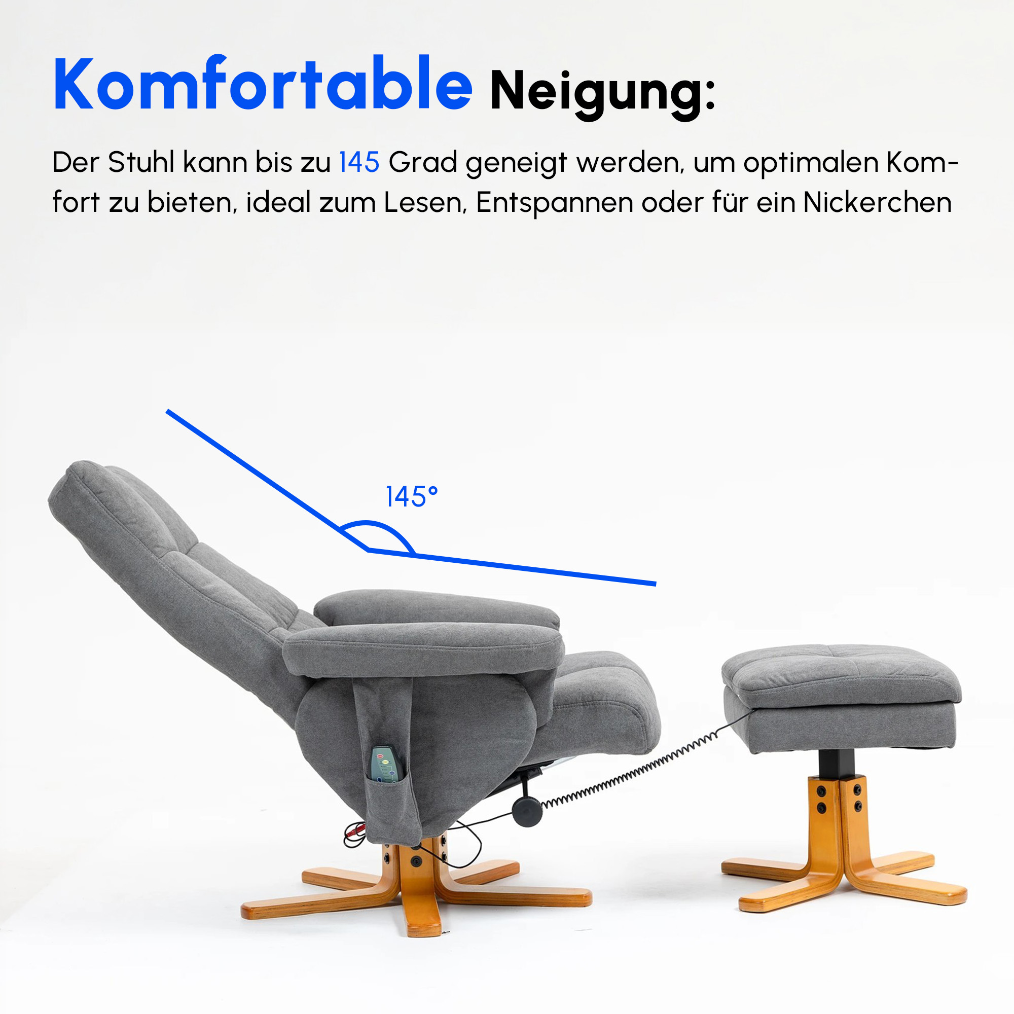 Relaxsessel mit Fußhocker, Stauraum, Elektrischer Massagesessel mit Liegefunktion, Drehbarer Fernsehsessel mit Seitentasche, Fernbedienung, Holzrahmen, Polyester, Dunkelgrau