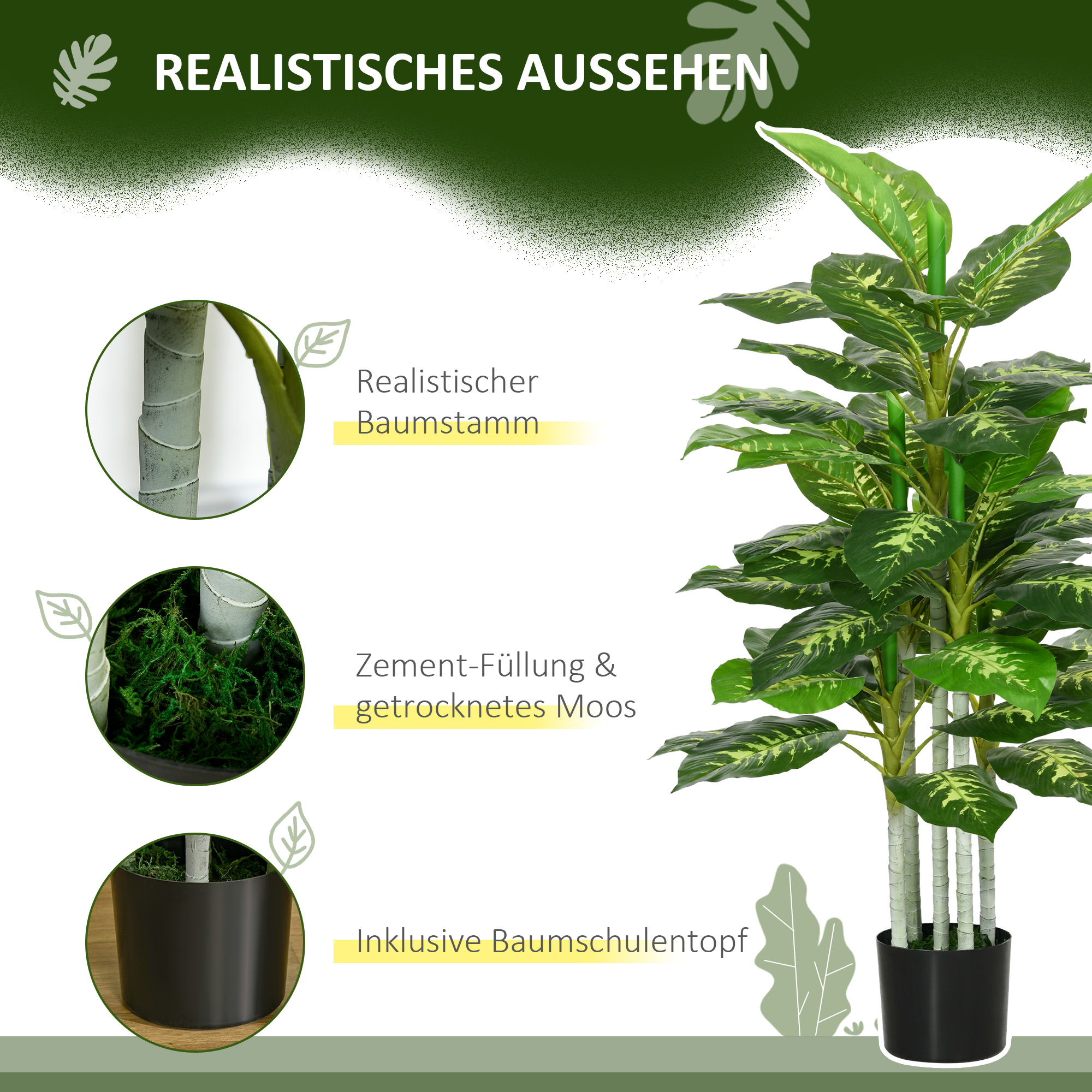Kunstpflanze, Kunststoff-Pflanze, Zementtopf, Indoor und Outdoor, 120 cm, Grün