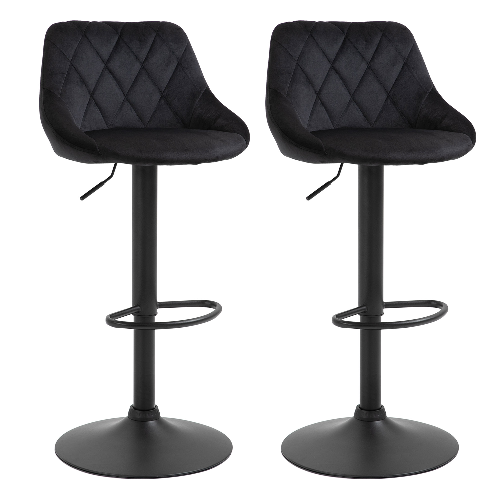 Barhocker 2er Set Höhenverstellbar Drehbar Barstühle mit Samtoptik Tresenhocker mit Rückenlehne mit Diamant-Tufting und Fußstütze für Bar, Theke, Esszimmer, Stahl Schwarz