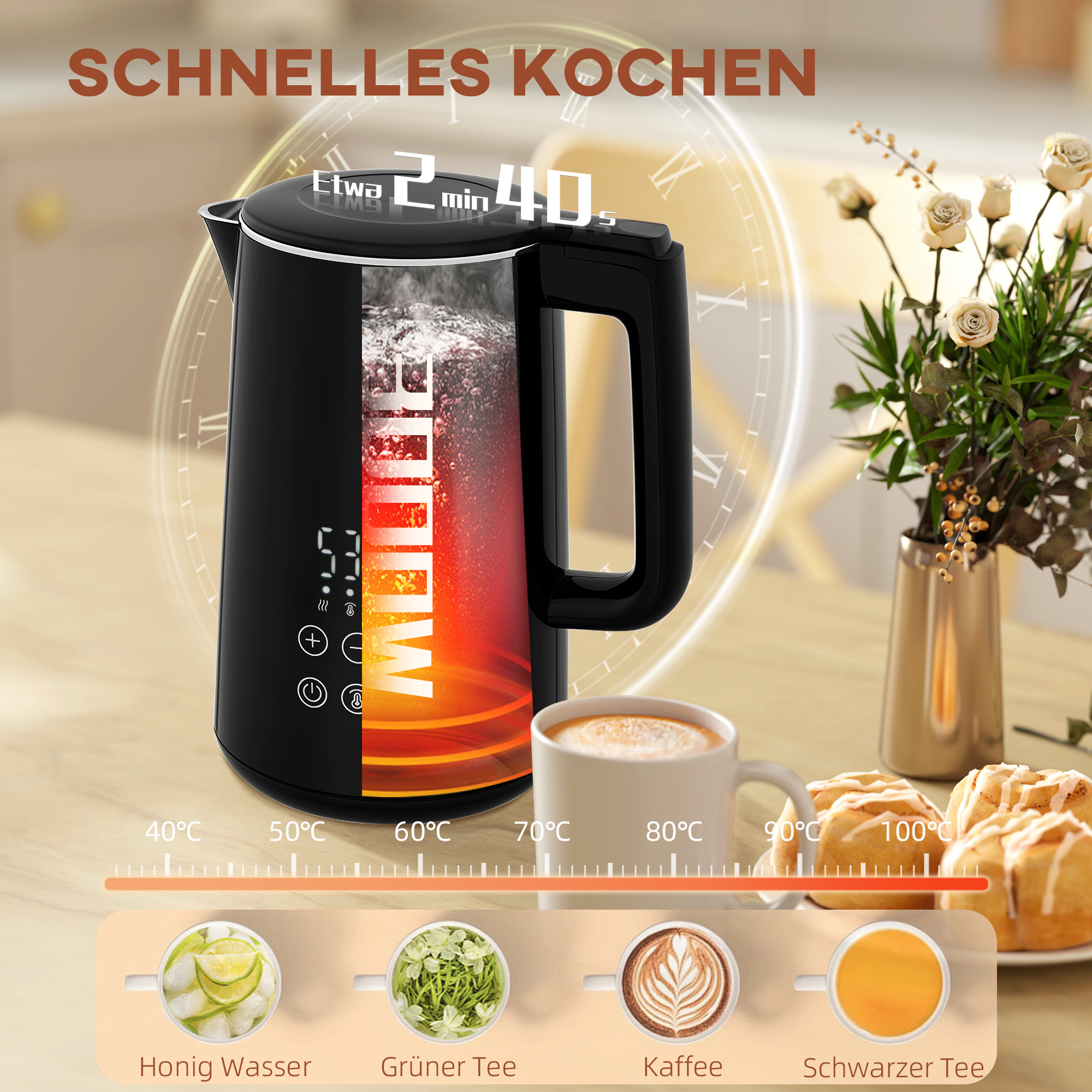 Küchenset mit Wasserkocher und Toaster, 7 Bräunungsstufen, schnelles Kochen, Edelstahl, Kunststoff, Schwarz