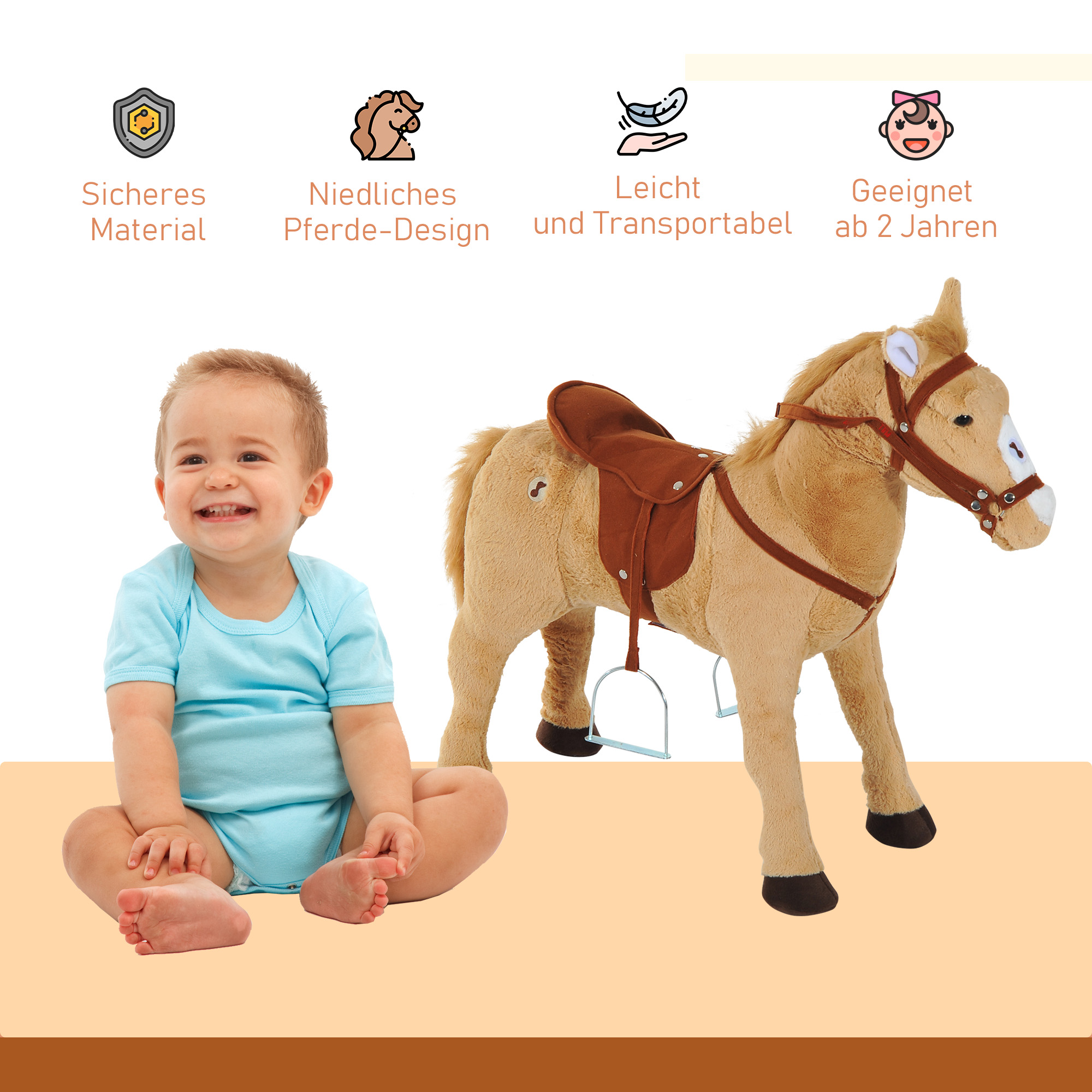 Reitpferd 60 cm Stehpferd mit Sattel, Zaumzeug Steigbügel Sound Spielpferd zum Reiten Draufsitzen Schaukeltier für Kinder ab 2 Jahre, Schaukelpferd Plüschpferd Indoor Outdoor Beige