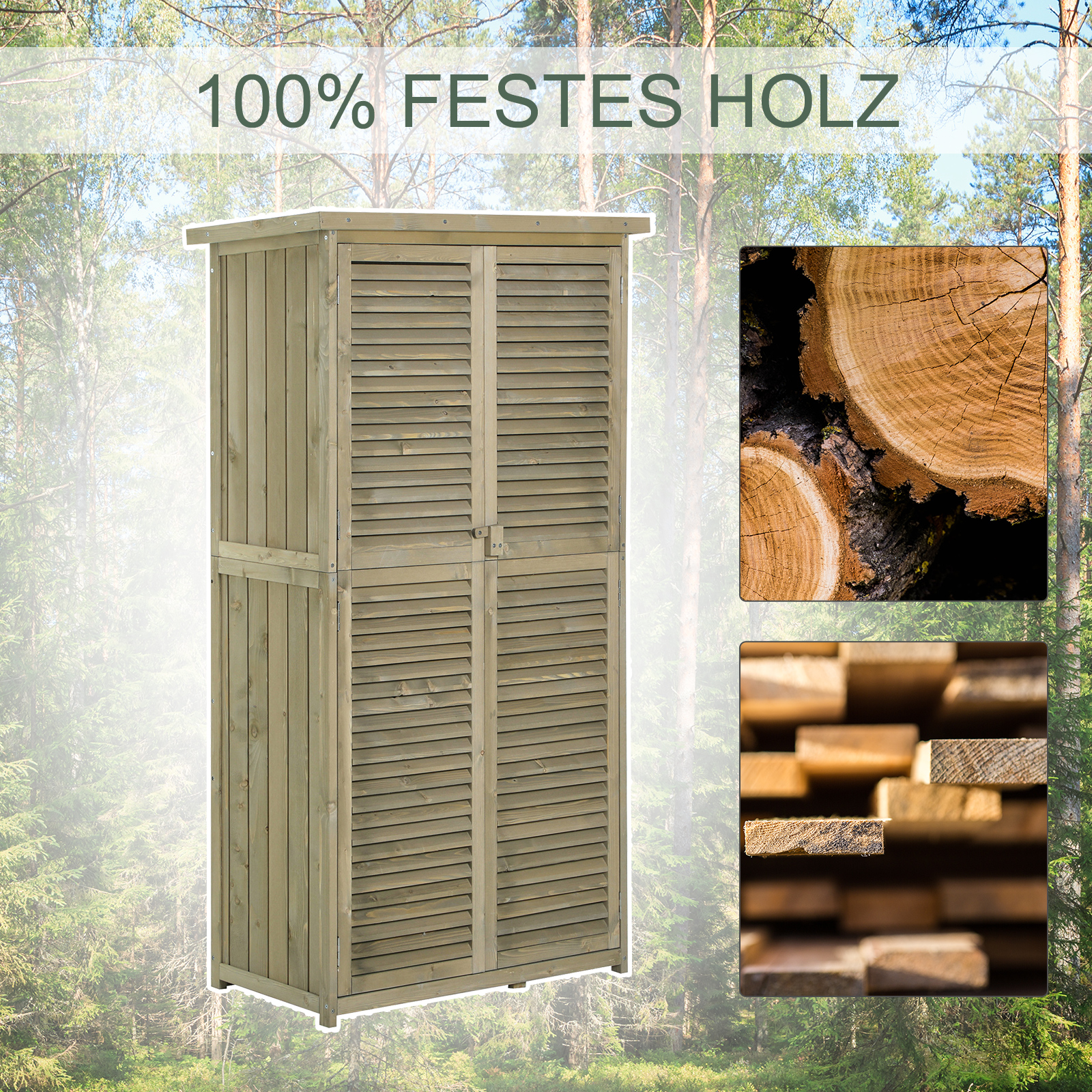Gartenschrank Holz Geräteschuppen Gerätehaus mit Asphaltdach Lamellentür Geräteschrank Schuppen Garten 4 Fächer Grau 87 x 46,5 x 160 cm