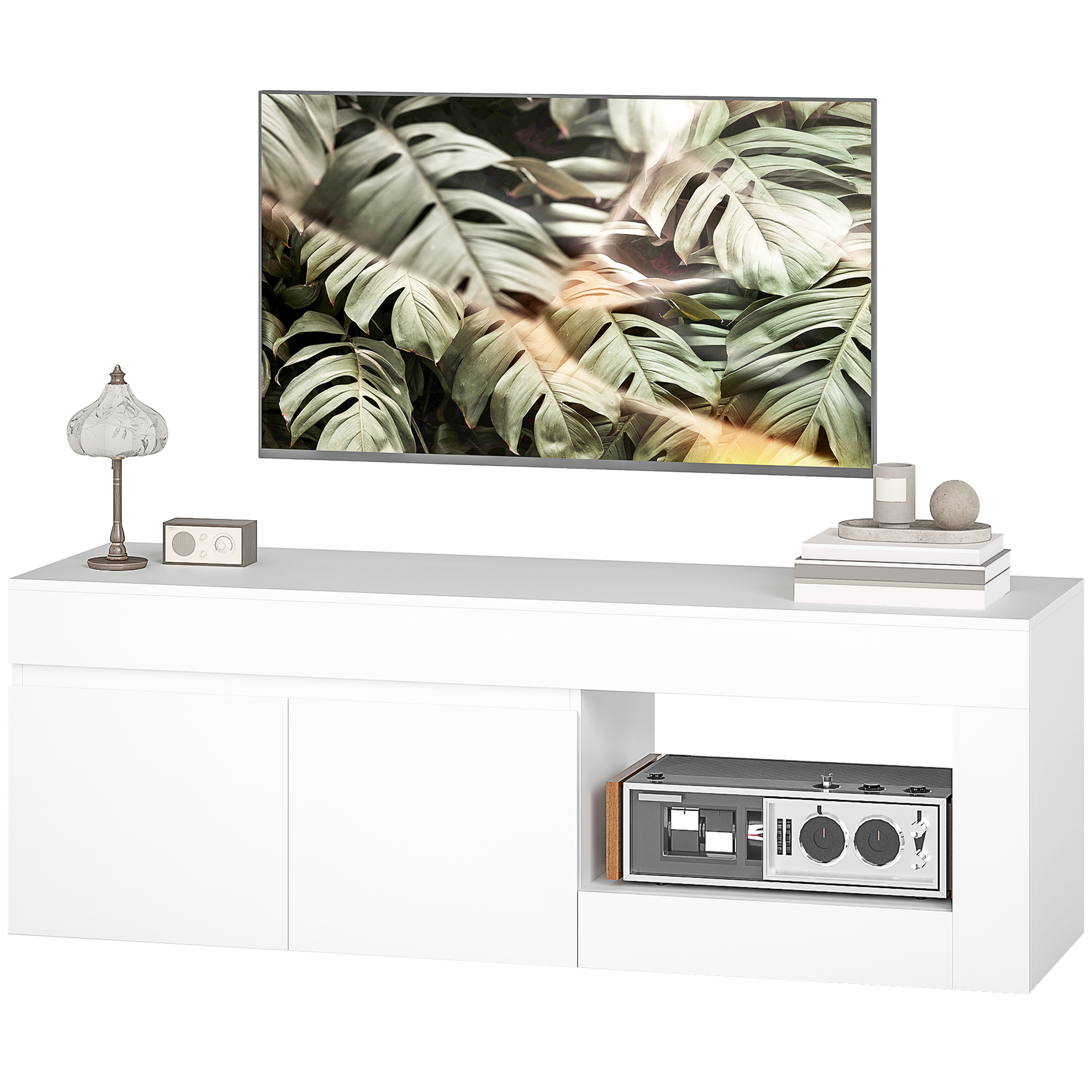 modernes TV-Lowboard fürs Wohnzimmer mit 2 Türen, offenem Fach und Griffen, für TVs bis 60 Zoll, 140 x 40 x 48 cm, Weiß