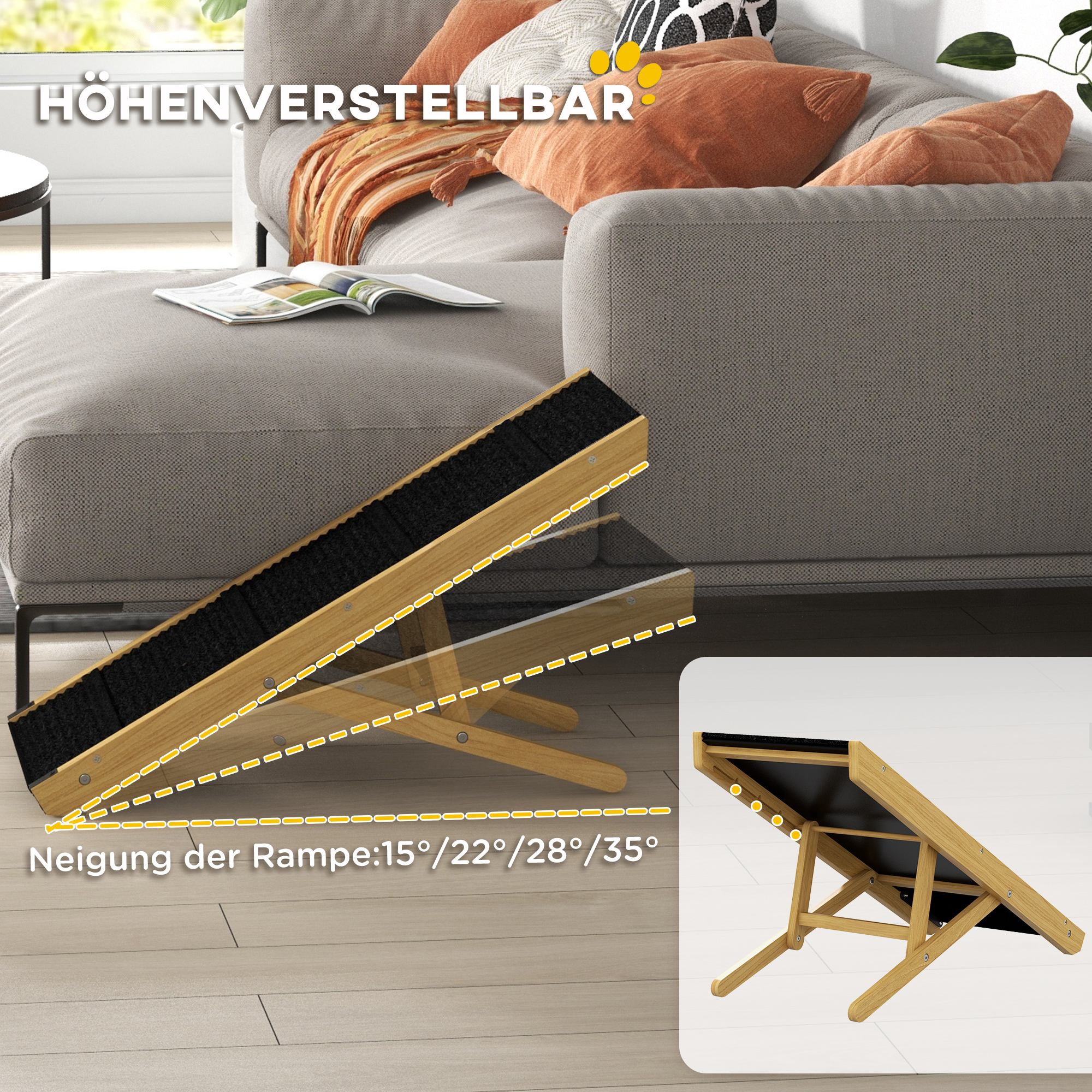 Haustierrampe, verstellbar, 4-stufig, rutschfest, Kiefernholz, faltbar, für Hunde bis 15 kg
