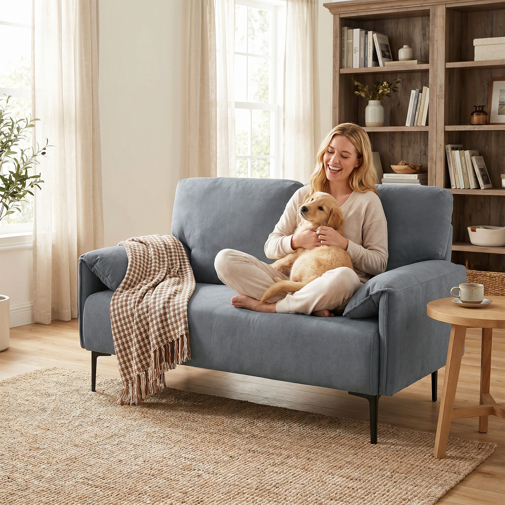 2-Sitzer-Sofa, dicke Kissen, samtiger Bezug, Polstersofa, Schwarz