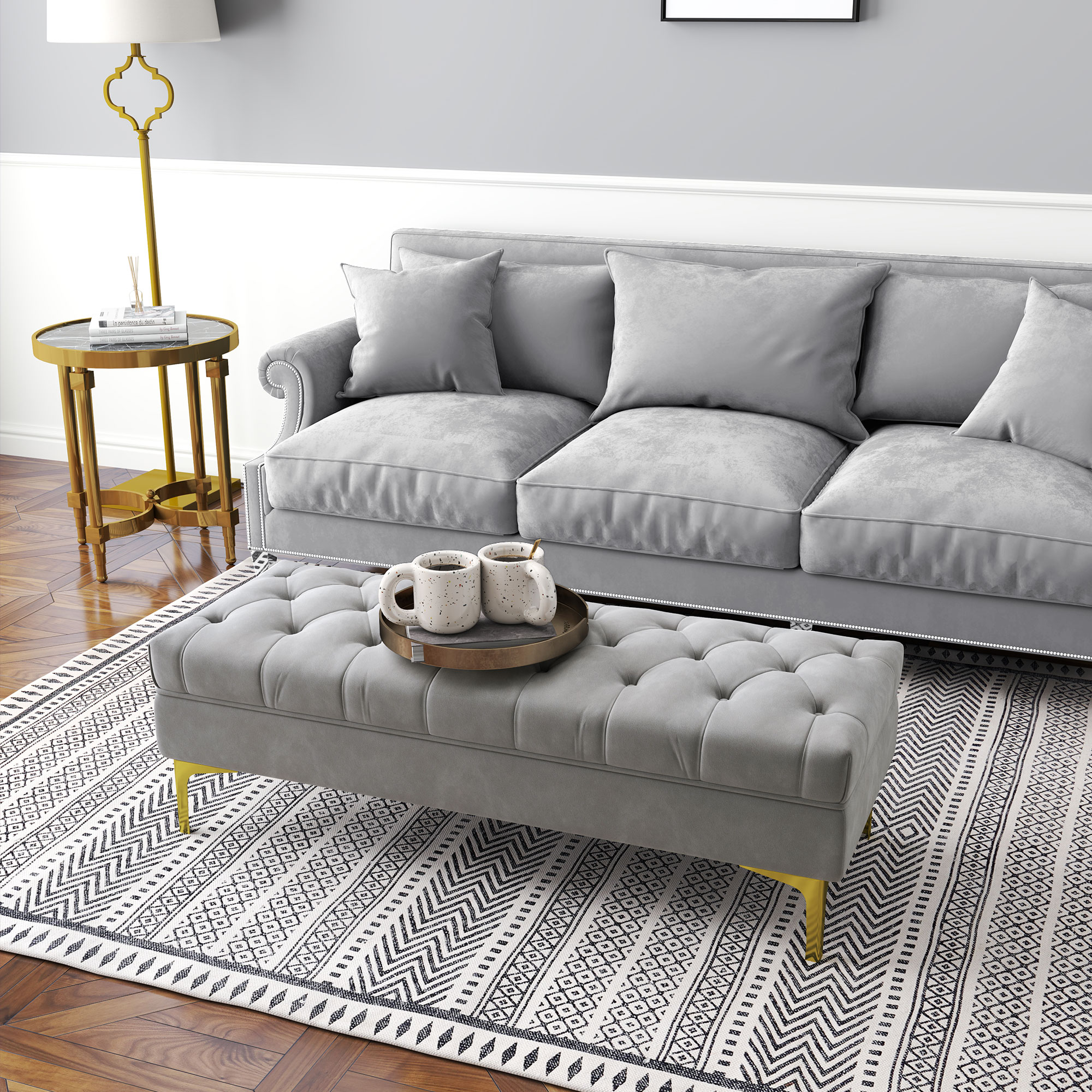 Sitzbank Bettbank Schuhbank mit erhöhten Beine Schlafzimmer Samt Hellgrau