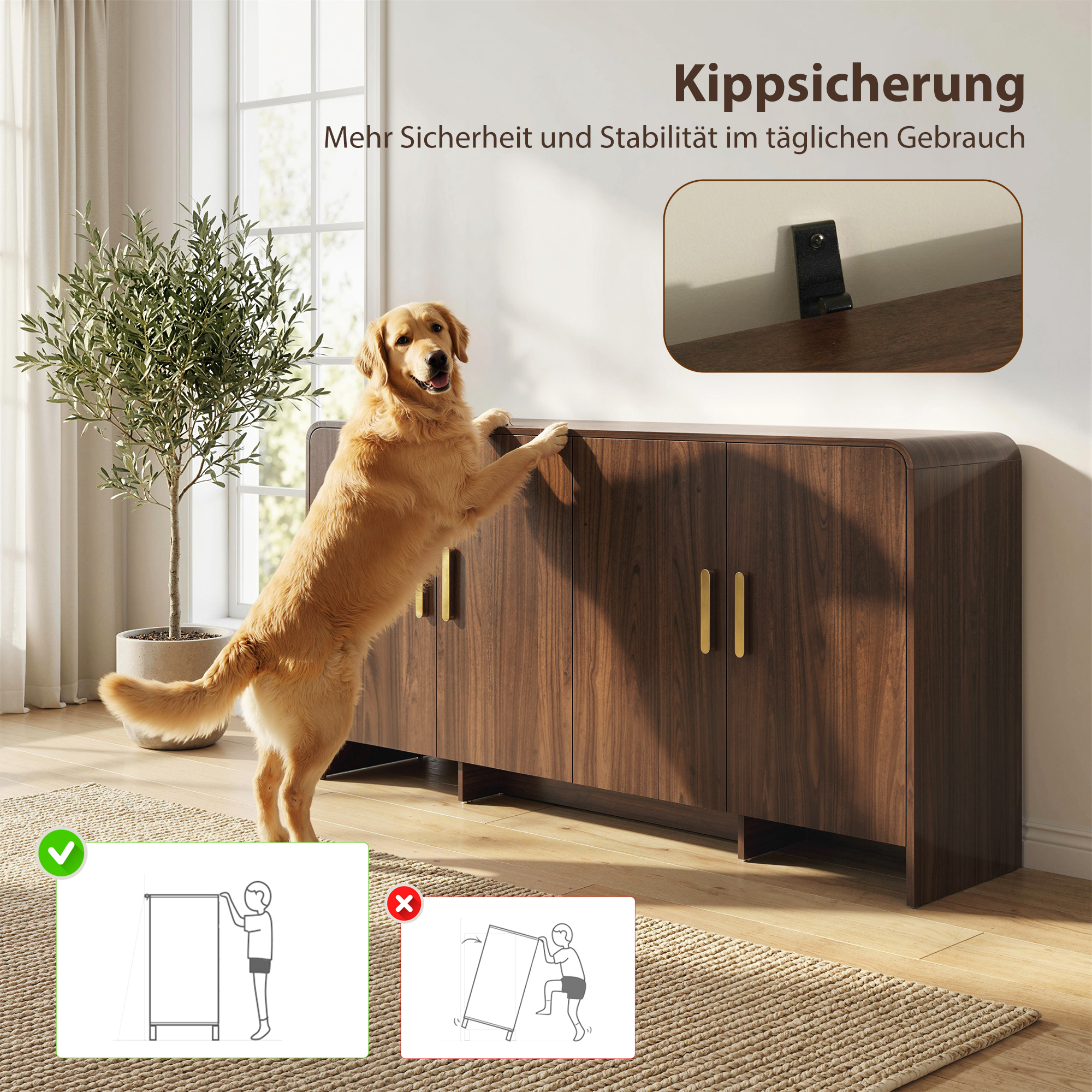 152 cm Sideboard Buffet-Schrank mit Soft-Close-Türen, TV-Schrank für Fernseher bis 72 Zoll, Walnussbraun