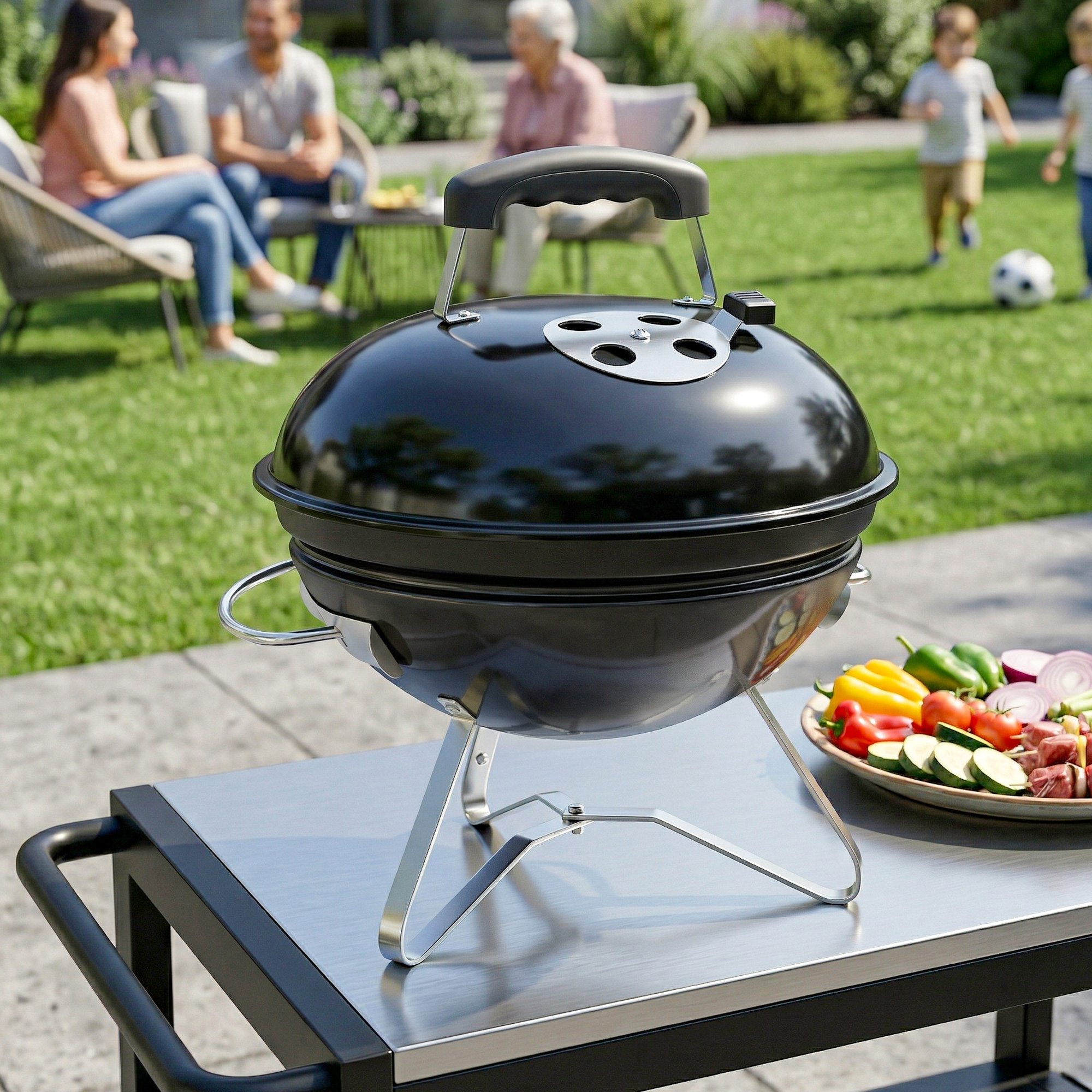 Holzkohlegrill, tragbarer Kugelgrill mit Deckel, Griff verstellbaren Lüftungsschlitzen für Barbeque 41x41x44 cm Schwarz