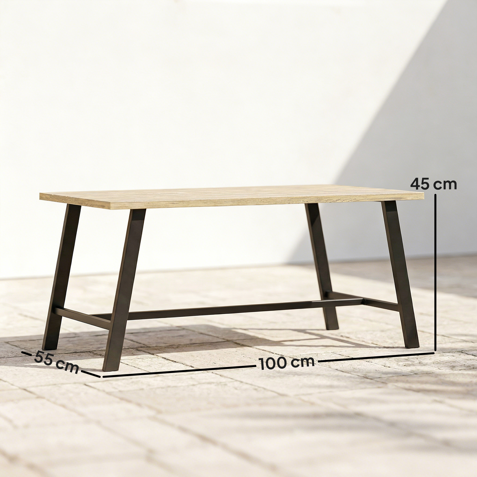 Outdoor-Couchtisch, rechteckiger Metall-Beistelltisch mit Tischplatte in Holzoptik, 100 x 55 cm, Braun